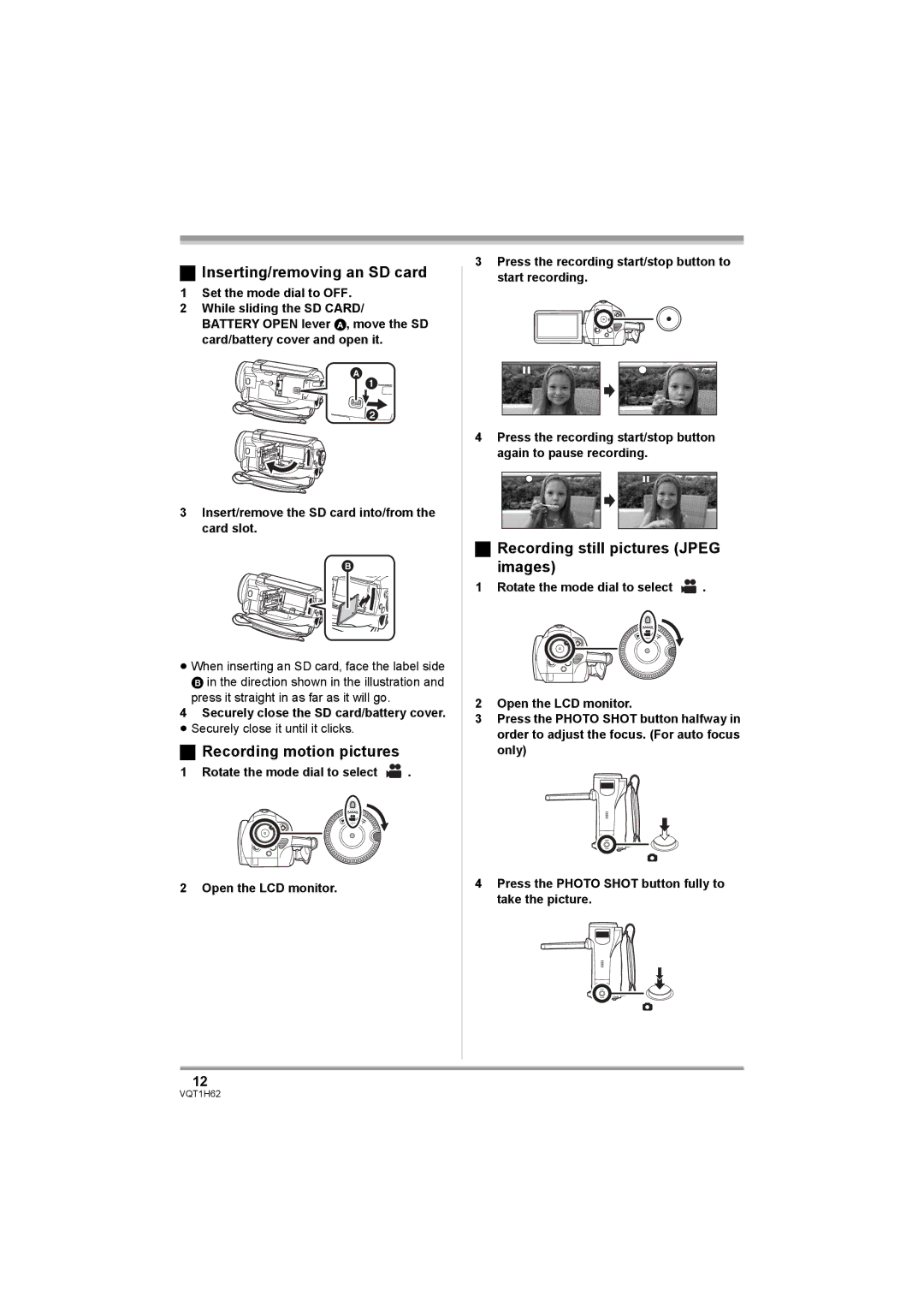 Panasonic HDC-SD5PP Inserting/removing an SD card, Recording motion pictures, Recording still pictures Jpeg images 