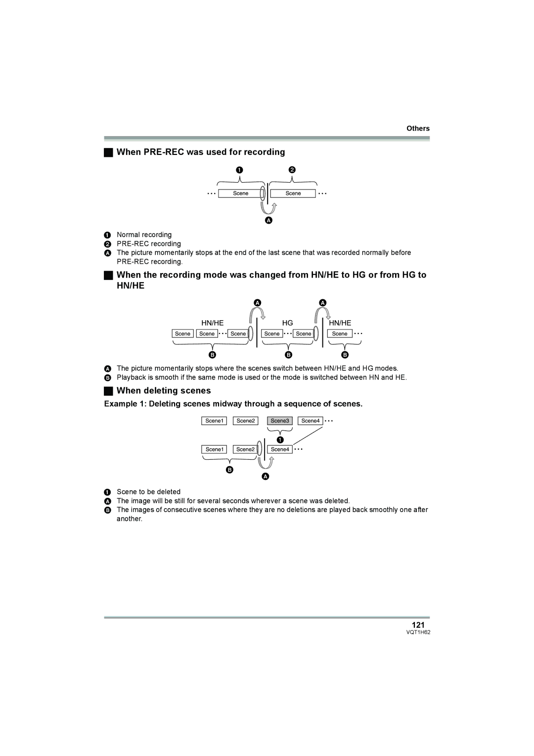 Panasonic HDC-SD5PP operating instructions When PRE-REC was used for recording, When deleting scenes, 121 