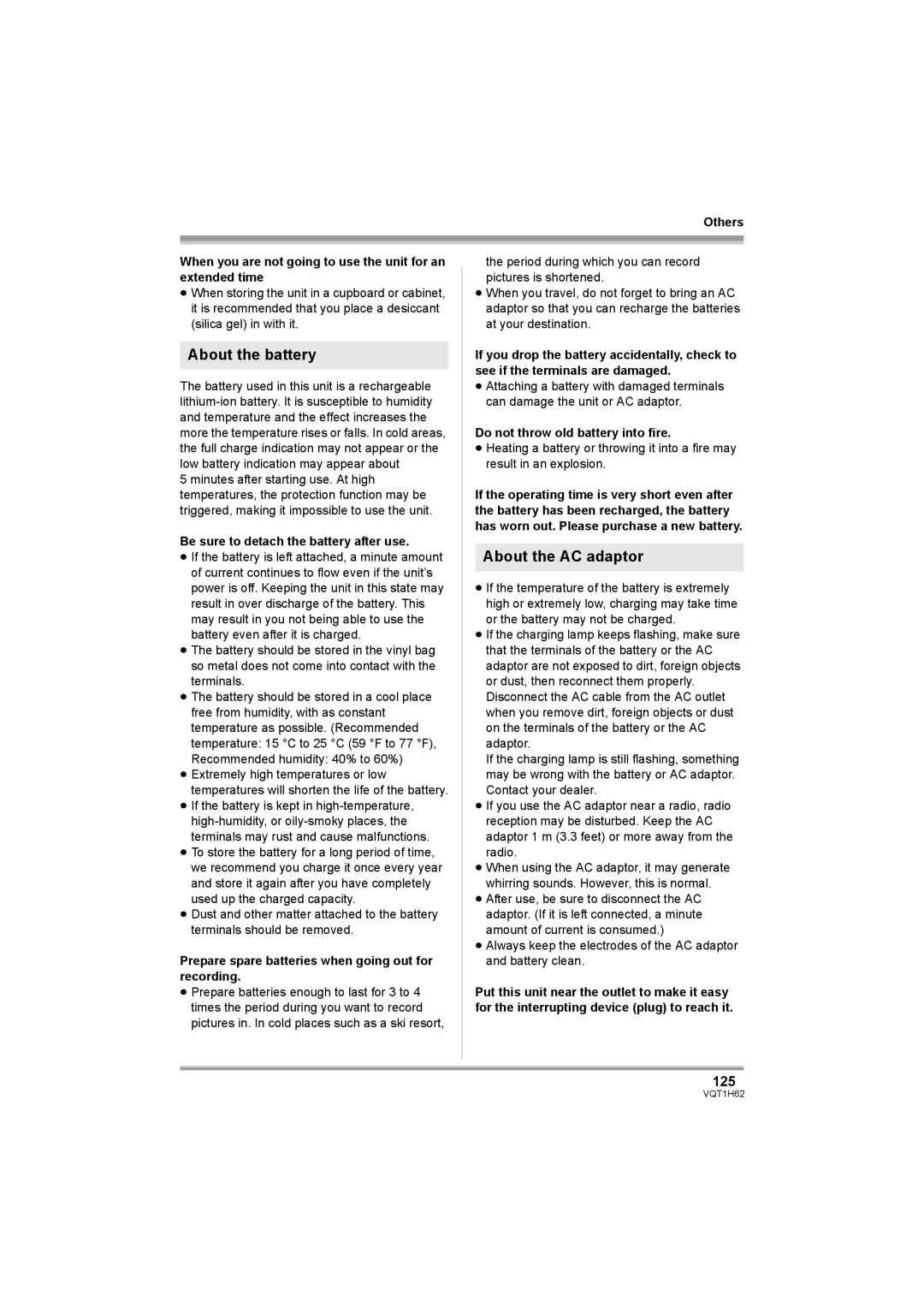 Panasonic HDC-SD5PP operating instructions About the battery, About the AC adaptor, 125 