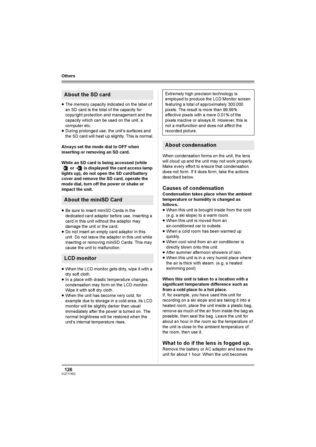 Panasonic HDC-SD5PP operating instructions About the miniSD Card, LCD monitor, About condensation, Causes of condensation 