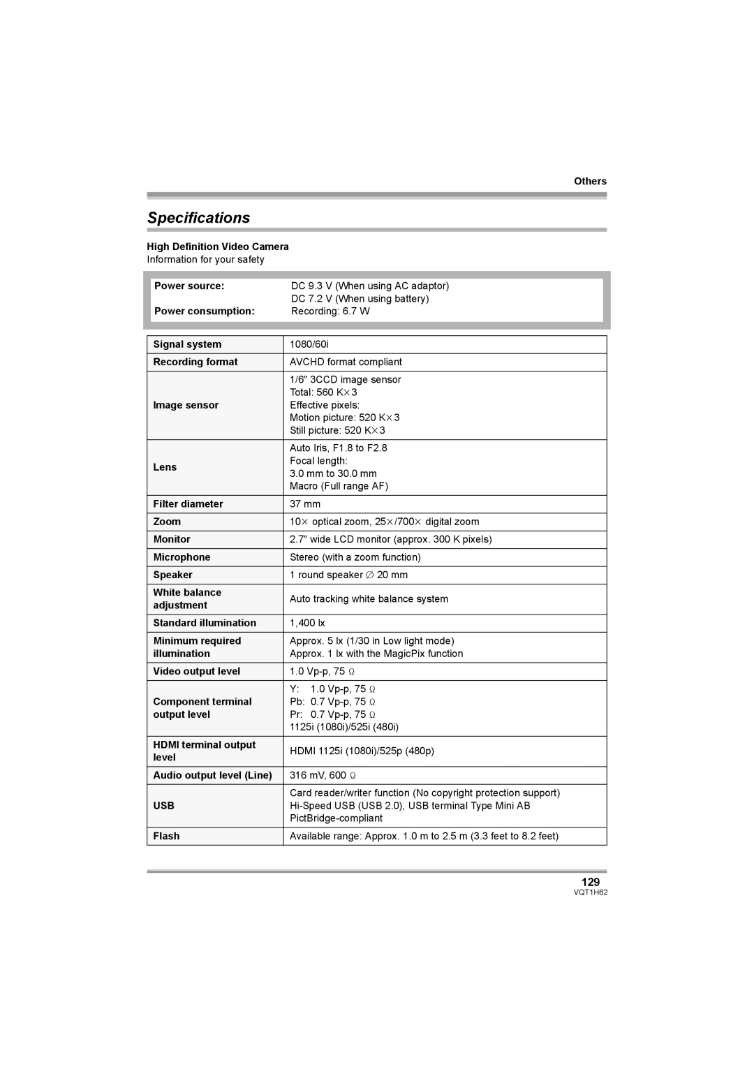 Panasonic HDC-SD5PP operating instructions Specifications, 129 