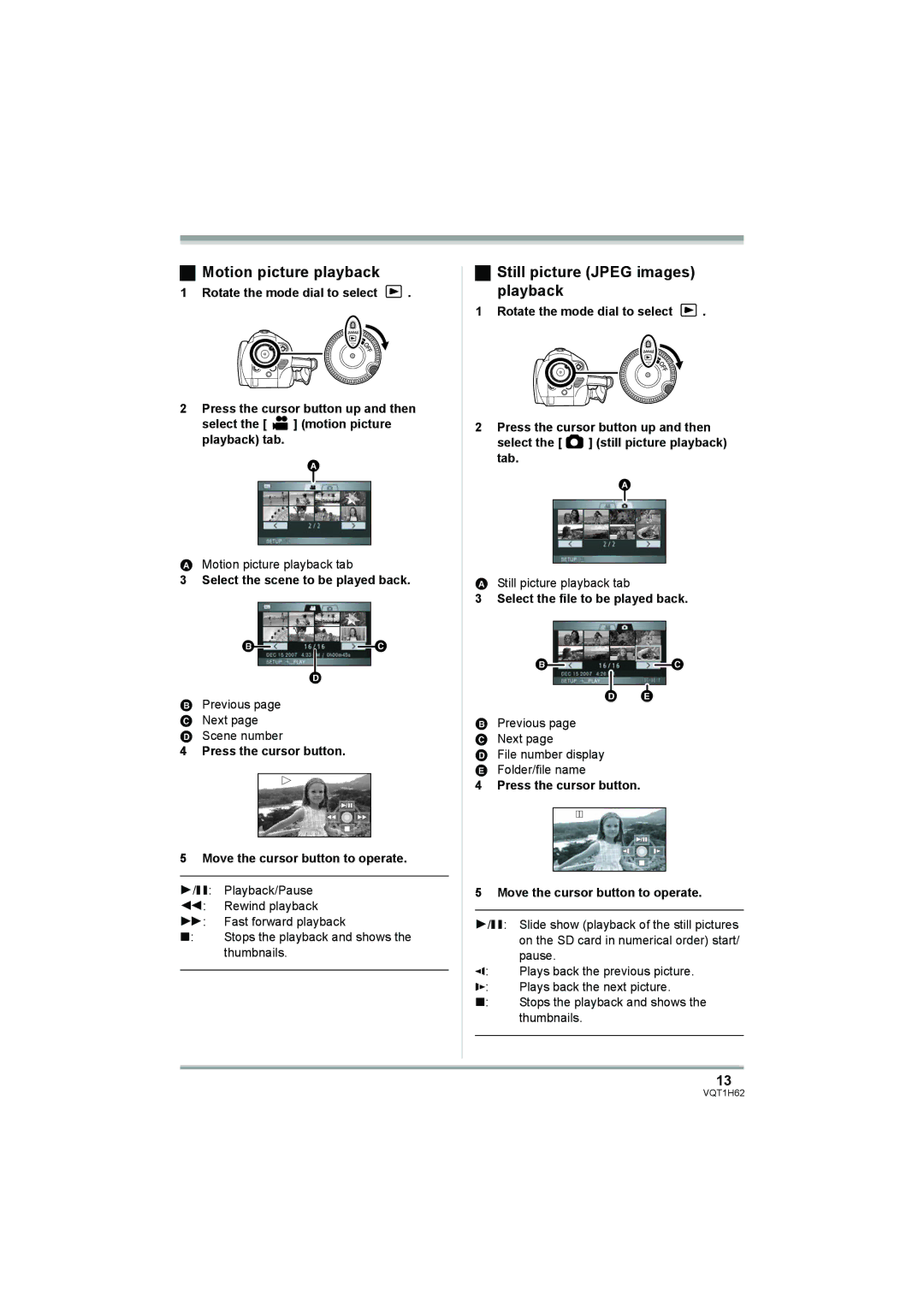 Panasonic HDC-SD5PP Motion picture playback, Still picture Jpeg images playback, Select the scene to be played back 