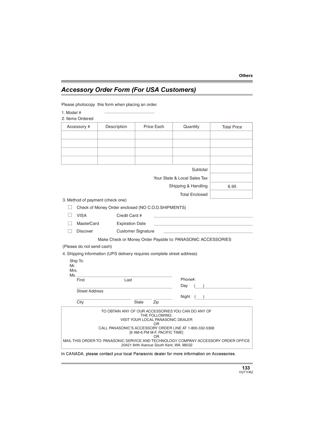 Panasonic HDC-SD5PP operating instructions Accessory Order Form For USA Customers, 133 