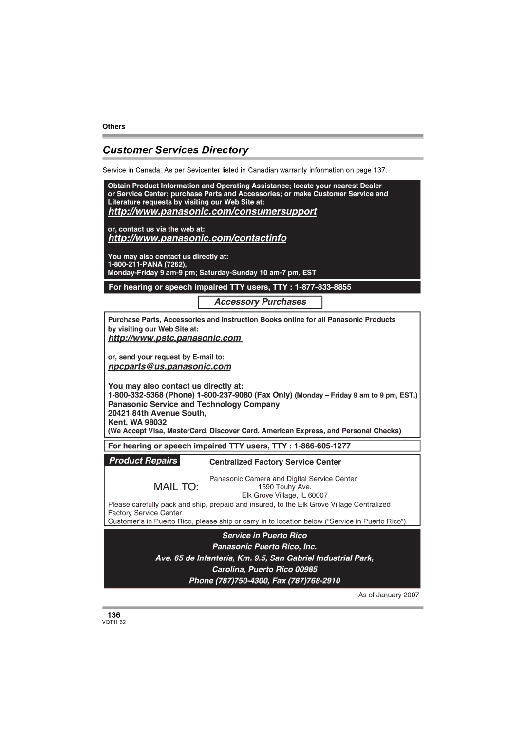 Panasonic HDC-SD5PP operating instructions Customer Services Directory, 136 