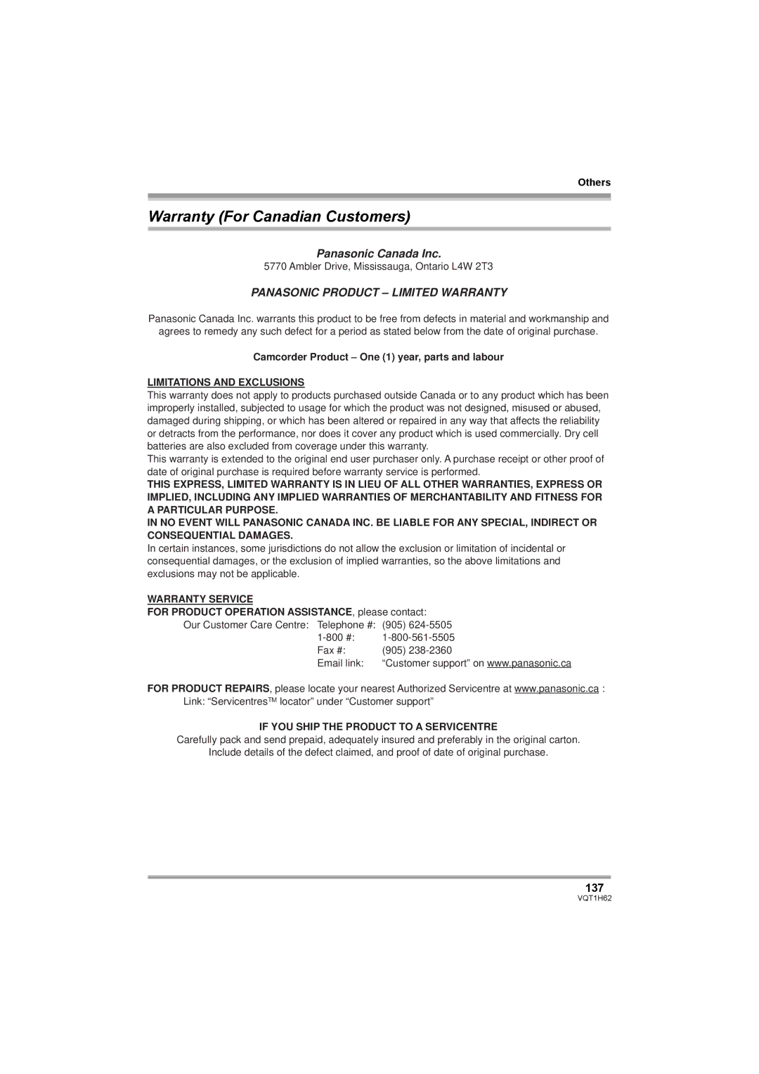 Panasonic HDC-SD5PP operating instructions Warranty For Canadian Customers, Panasonic Canada Inc, 137 