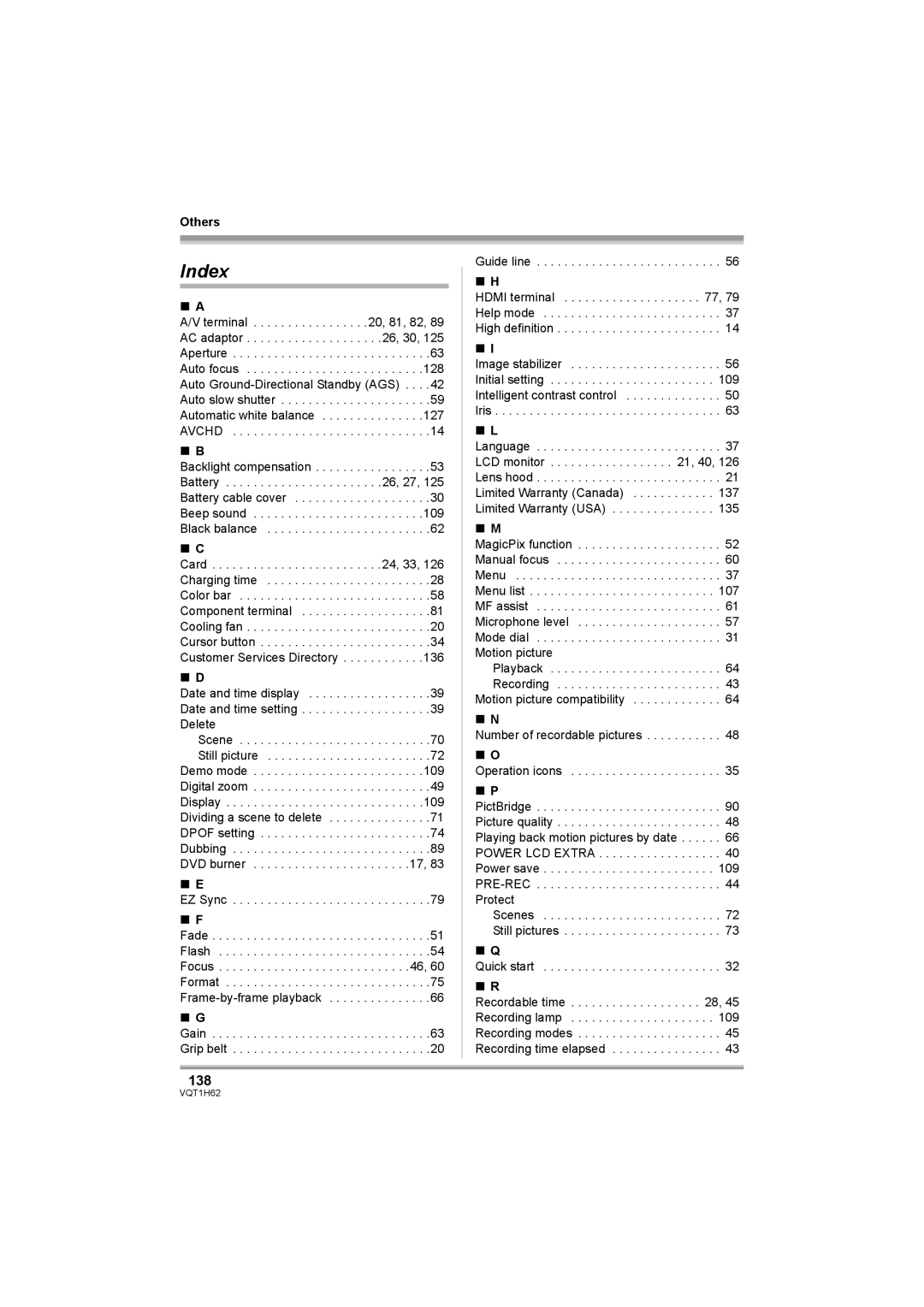 Panasonic HDC-SD5PP operating instructions Index, 138 