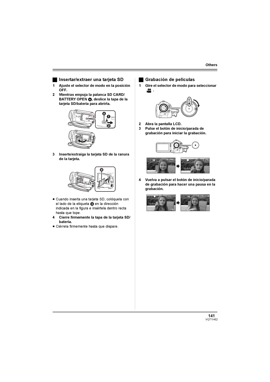 Panasonic HDC-SD5PP operating instructions Insertar/extraer una tarjeta SD, Grabación de películas, 141 