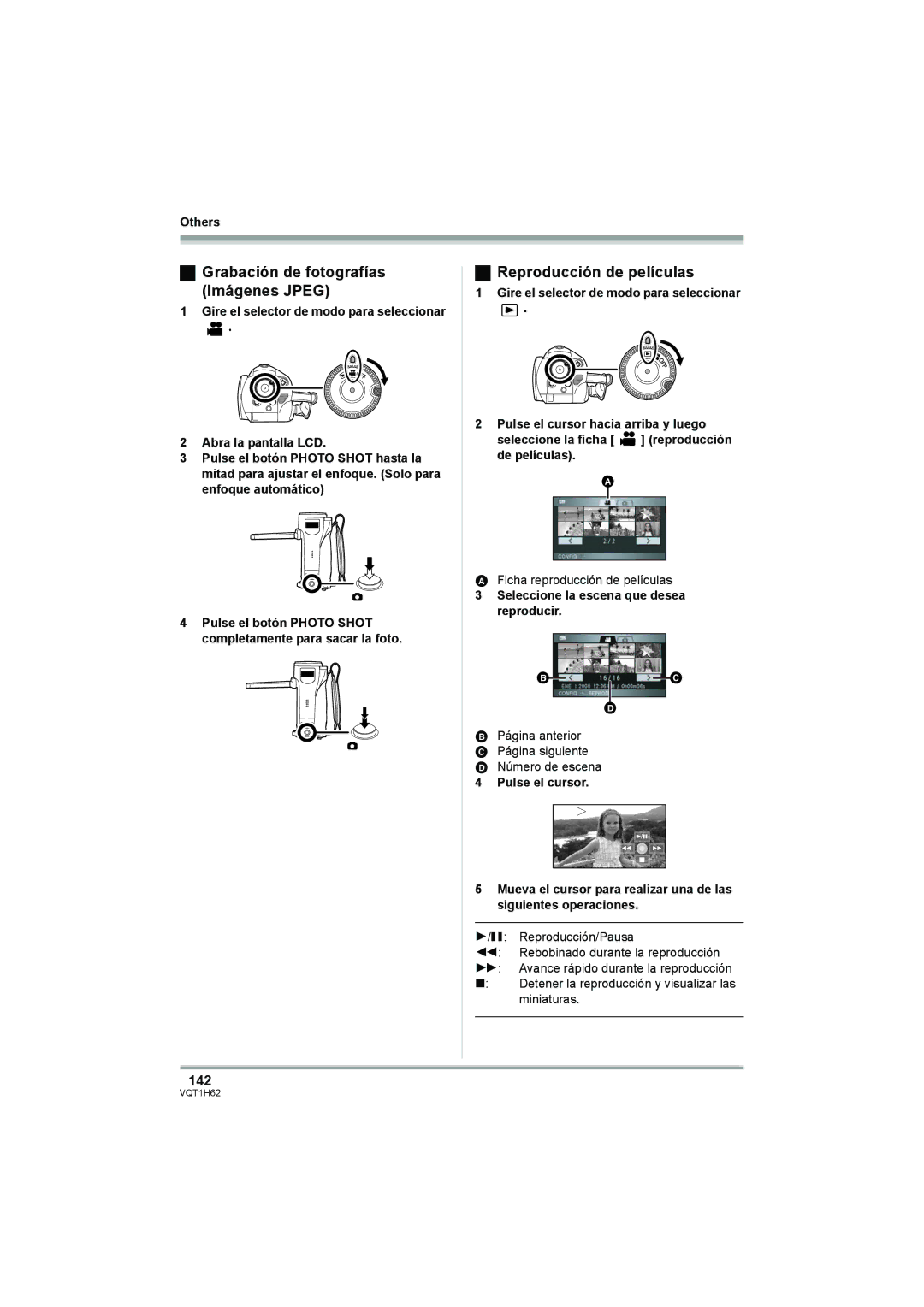 Panasonic HDC-SD5PP operating instructions Grabación de fotografías Imágenes Jpeg, Reproducción de películas, 142 