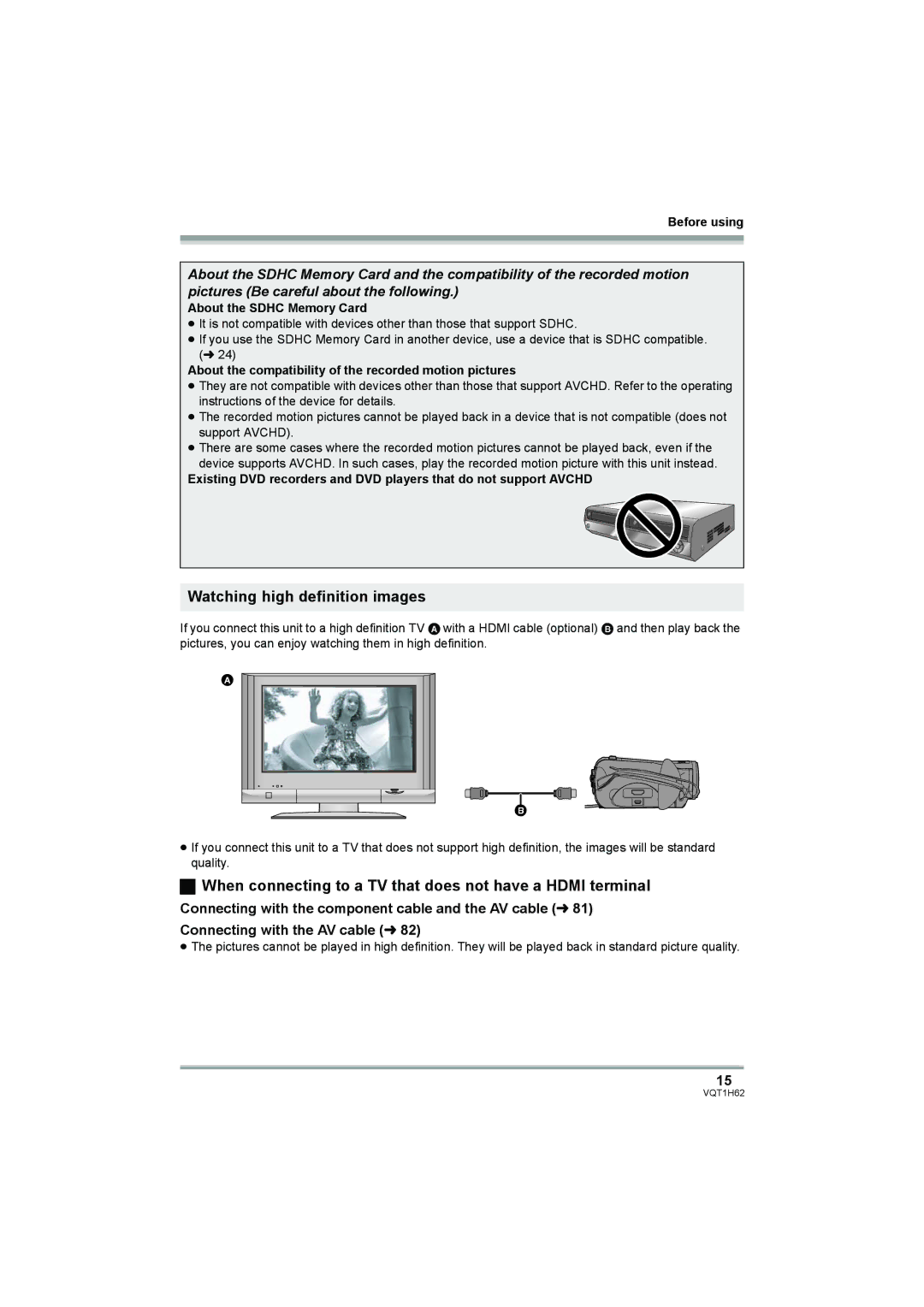 Panasonic HDC-SD5PP Watching high definition images, When connecting to a TV that does not have a Hdmi terminal 