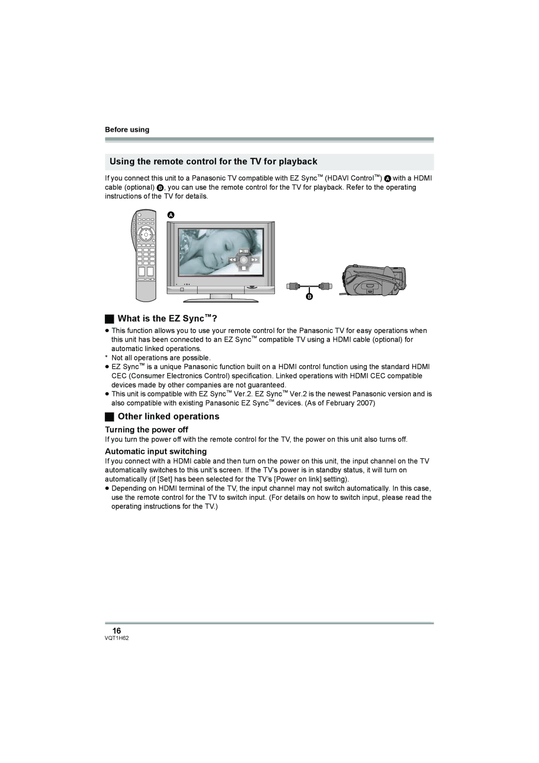 Panasonic HDC-SD5PP Using the remote control for the TV for playback, What is the EZ Sync?, Other linked operations 