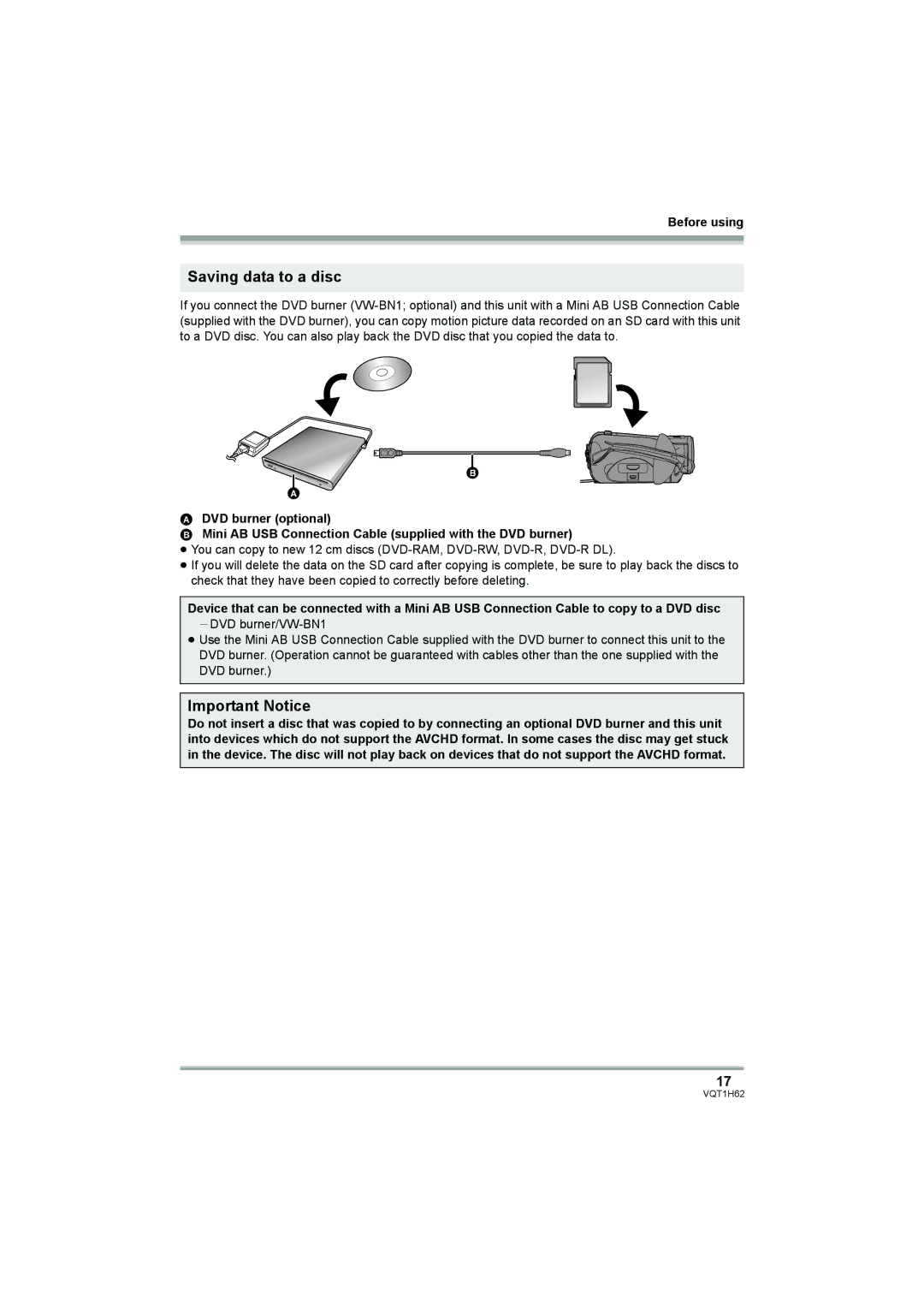 Panasonic HDC-SD5PP operating instructions Saving data to a disc, Important Notice 