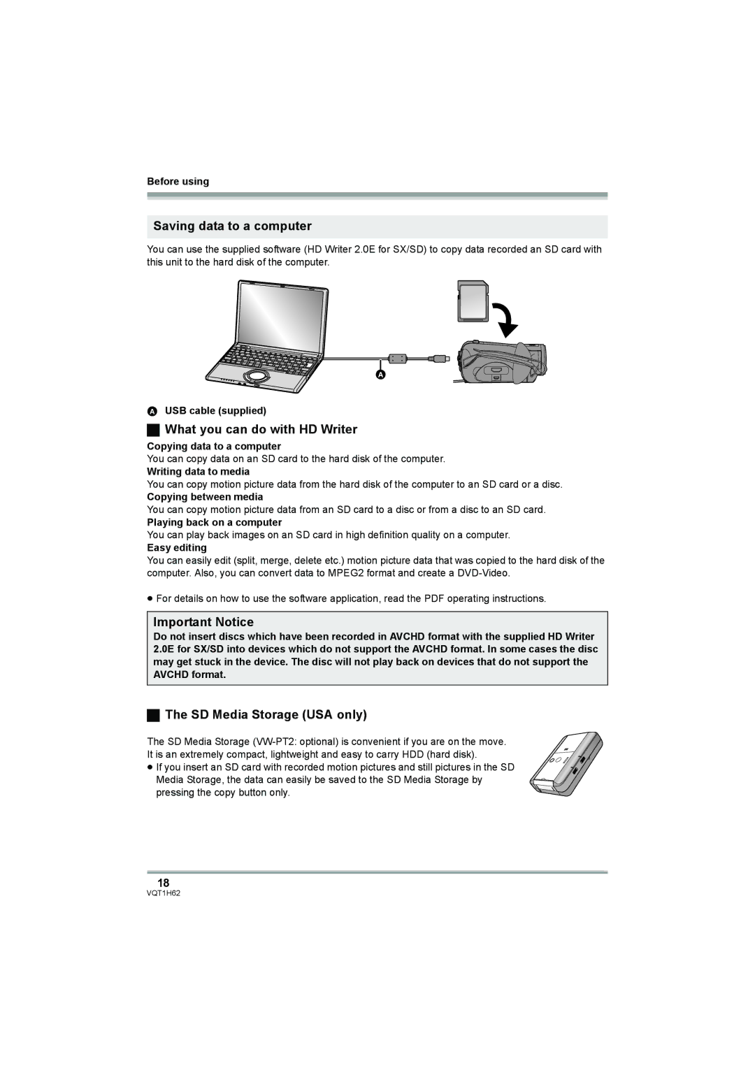 Panasonic HDC-SD5PP Saving data to a computer, What you can do with HD Writer, SD Media Storage USA only 