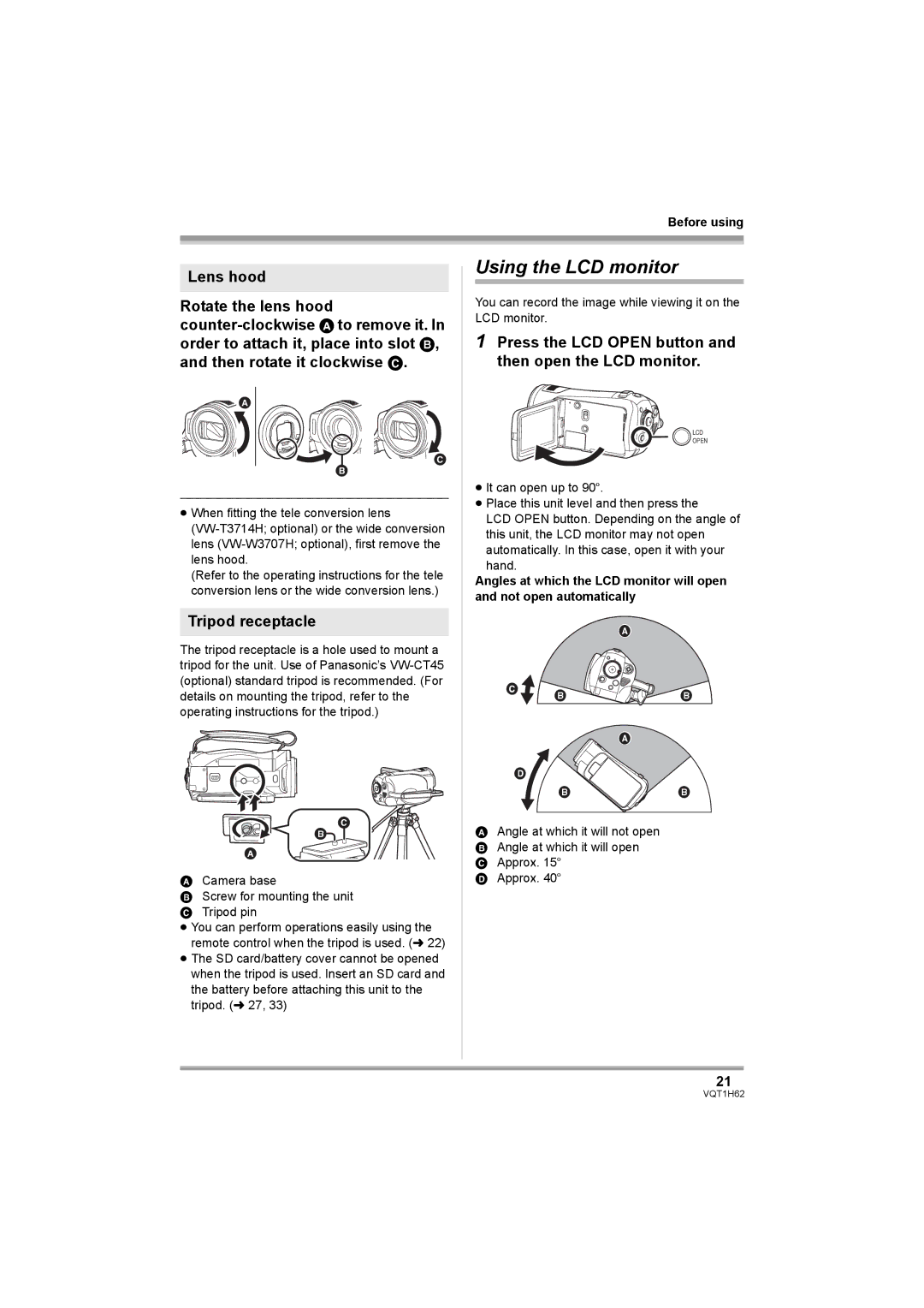 Panasonic HDC-SD5PP Using the LCD monitor, Tripod receptacle, Press the LCD Open button and then open the LCD monitor 