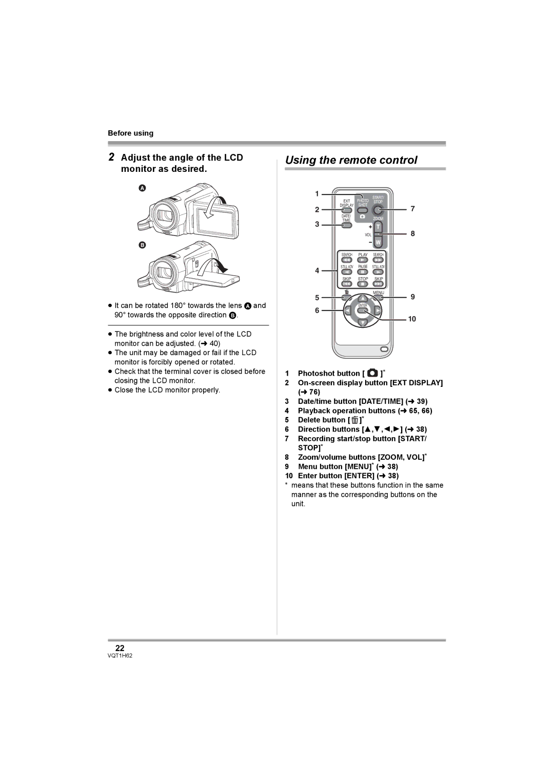 Panasonic HDC-SD5PP operating instructions Using the remote control, Adjust the angle of the LCD monitor as desired 