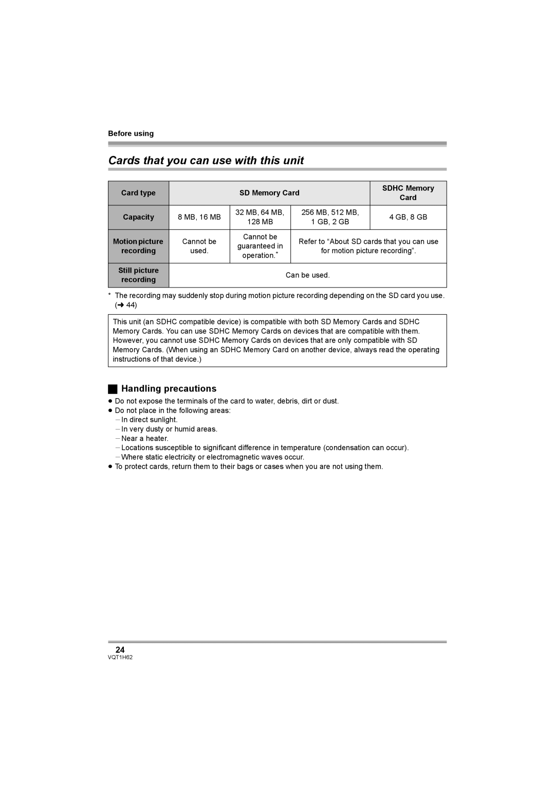 Panasonic HDC-SD5PP Cards that you can use with this unit, Handling precautions, Card type, Sdhc Memory 