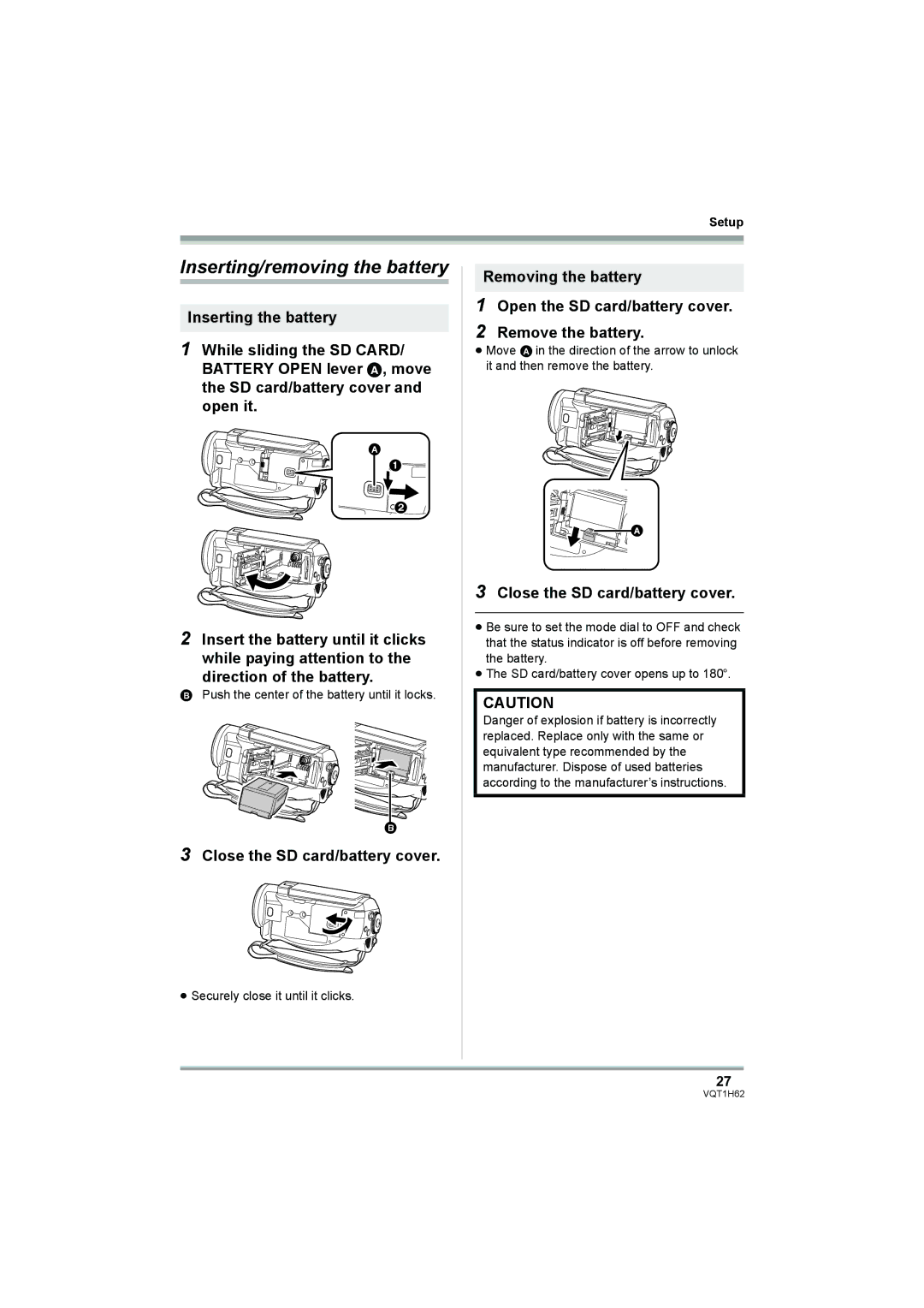 Panasonic HDC-SD5PP operating instructions Inserting/removing the battery, Close the SD card/battery cover 