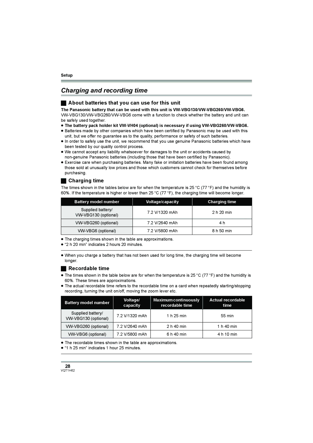 Panasonic HDC-SD5PP Charging and recording time, About batteries that you can use for this unit, Charging time 