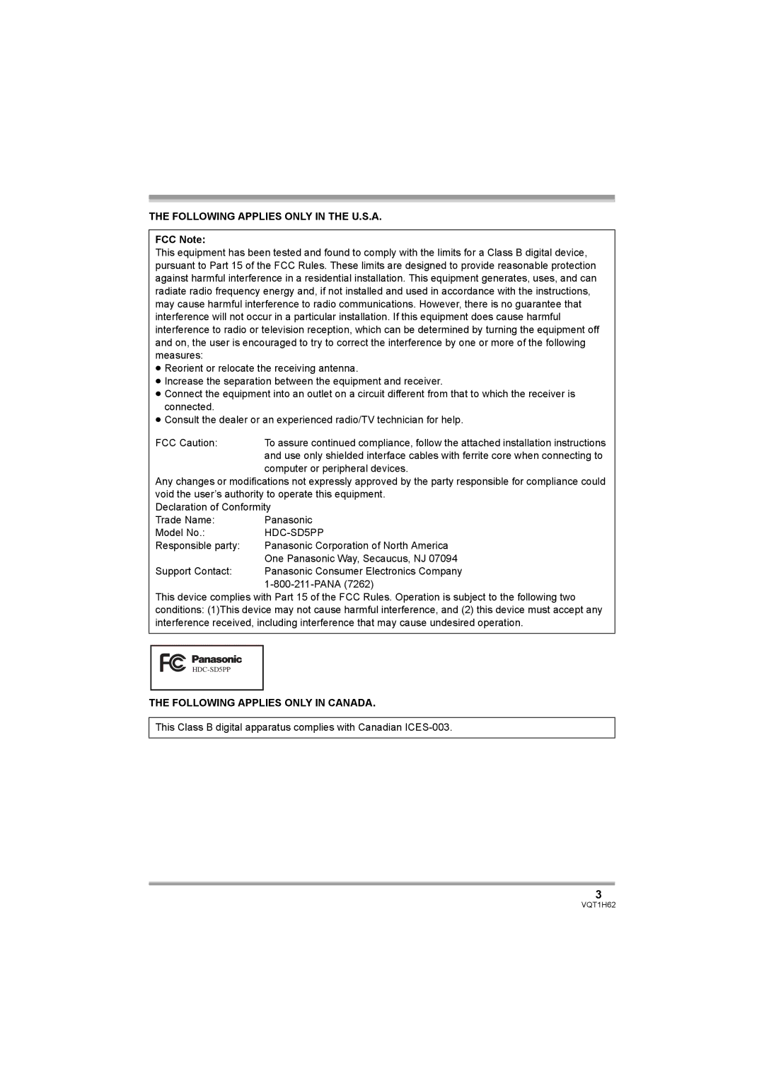 Panasonic HDC-SD5PP operating instructions Following Applies only in the U.S.A, FCC Note 