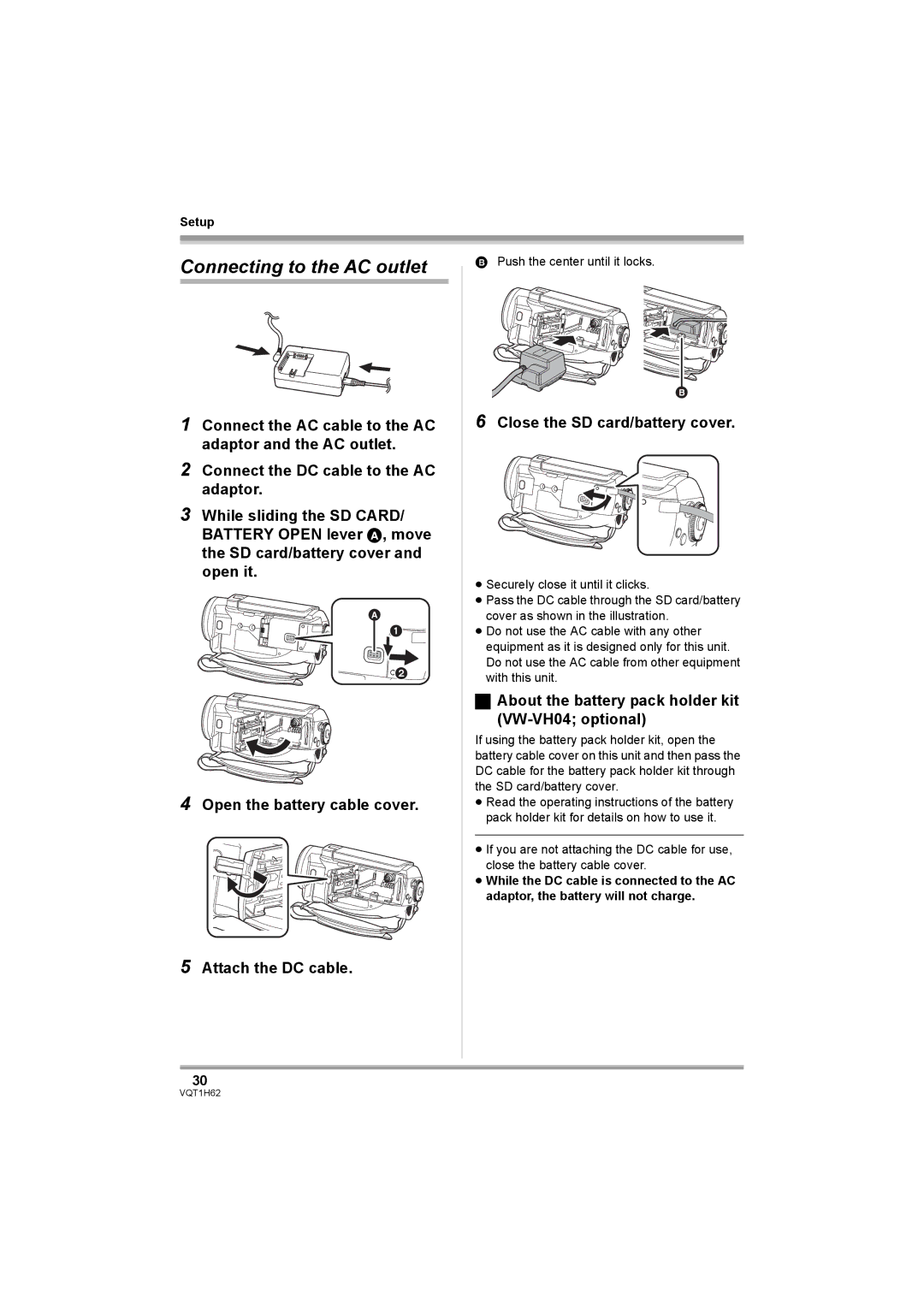 Panasonic HDC-SD5PP Connecting to the AC outlet, About the battery pack holder kit VW-VH04 optional, Attach the DC cable 