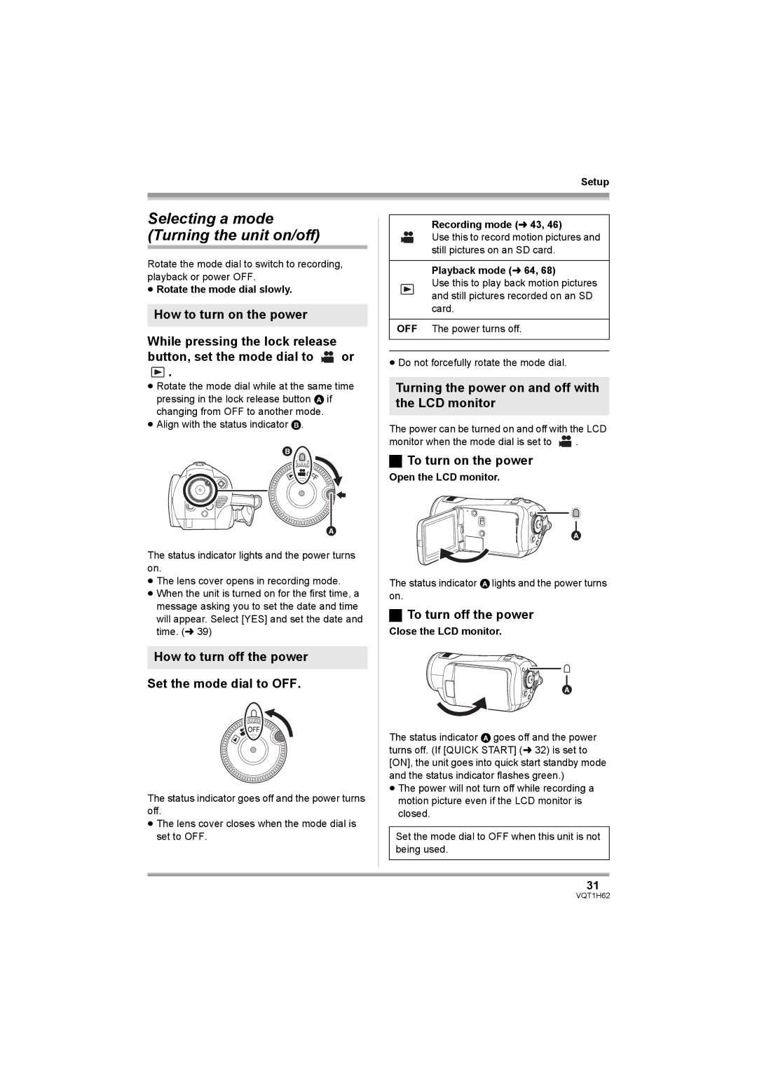 Panasonic HDC-SD5PP Selecting a mode Turning the unit on/off, How to turn off the power Set the mode dial to OFF 