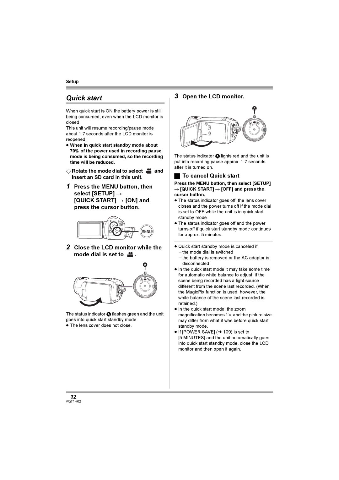 Panasonic HDC-SD5PP operating instructions Open the LCD monitor, To cancel Quick start 