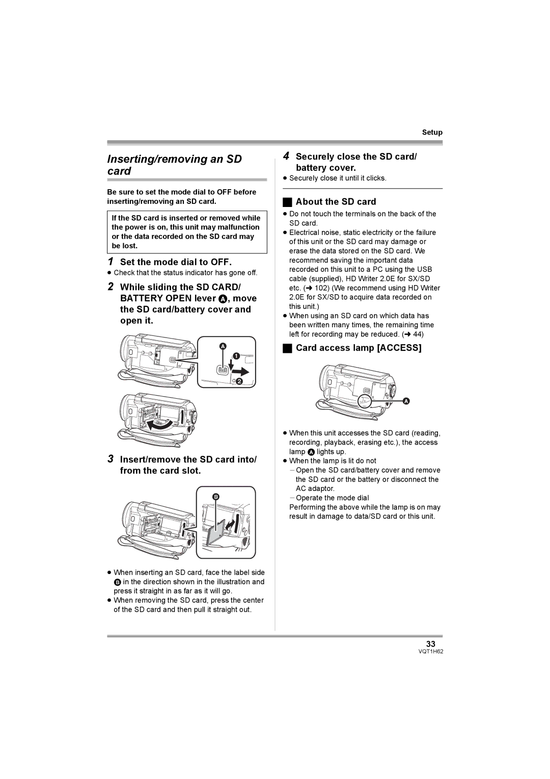 Panasonic HDC-SD5PP Inserting/removing an SD card, Securely close the SD card Battery cover, About the SD card 