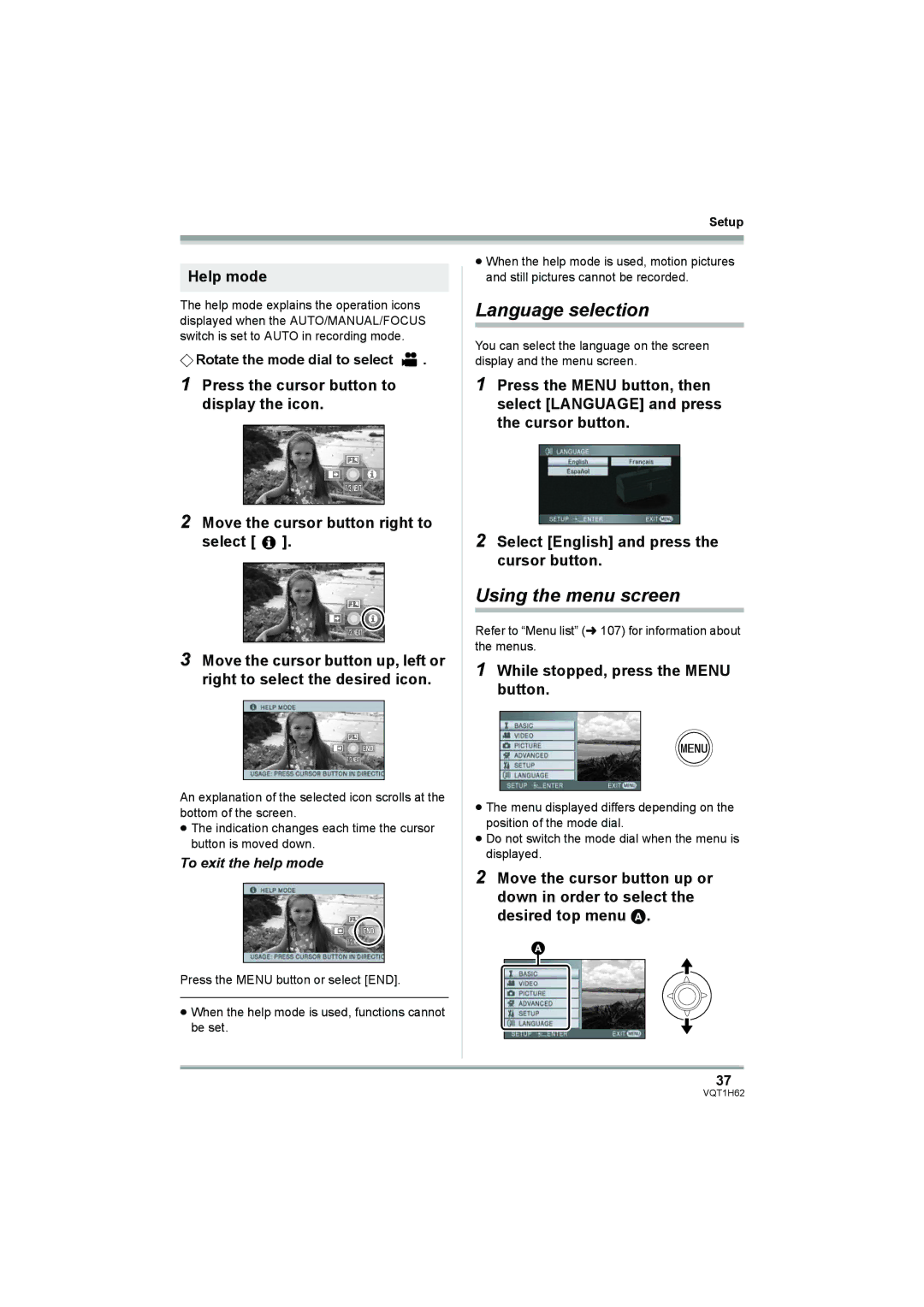 Panasonic HDC-SD5PP Language selection, Using the menu screen, Help mode, While stopped, press the Menu button 