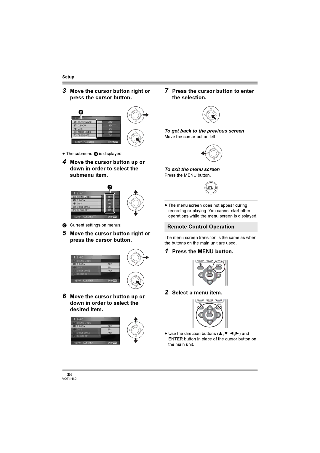 Panasonic HDC-SD5PP Move the cursor button right or press the cursor button, Remote Control Operation, Select a menu item 