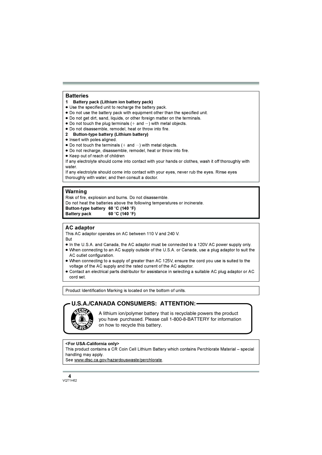 Panasonic HDC-SD5PP operating instructions Batteries, AC adaptor 