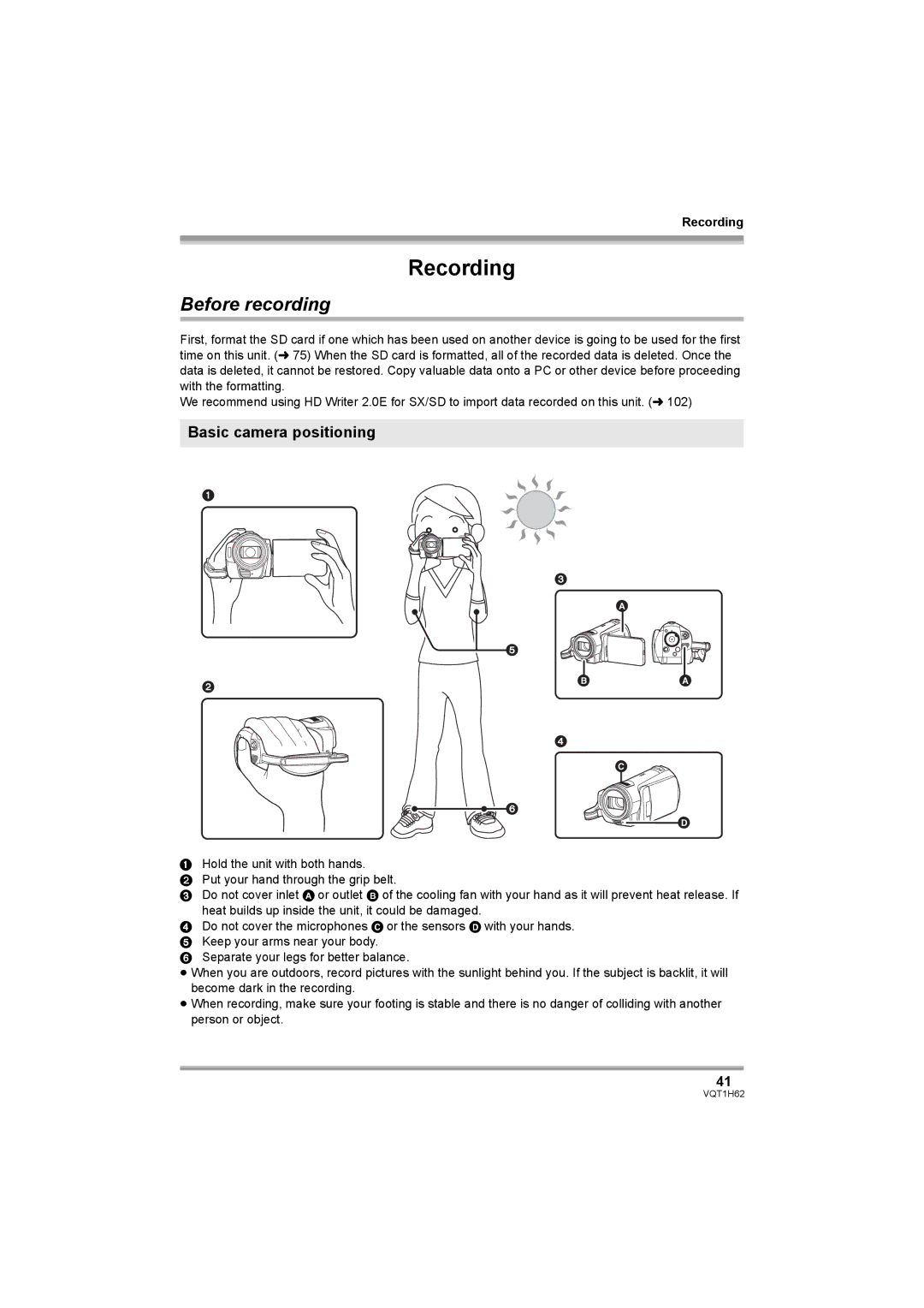 Panasonic HDC-SD5PP operating instructions Before recording, Basic camera positioning, Recording 