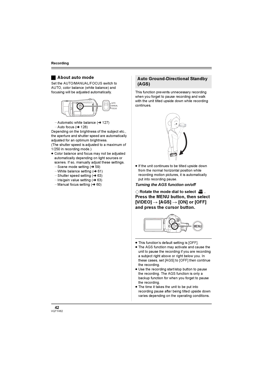 Panasonic HDC-SD5PP About auto mode, Auto Ground-Directional Standby AGS, Turning the AGS function on/off 