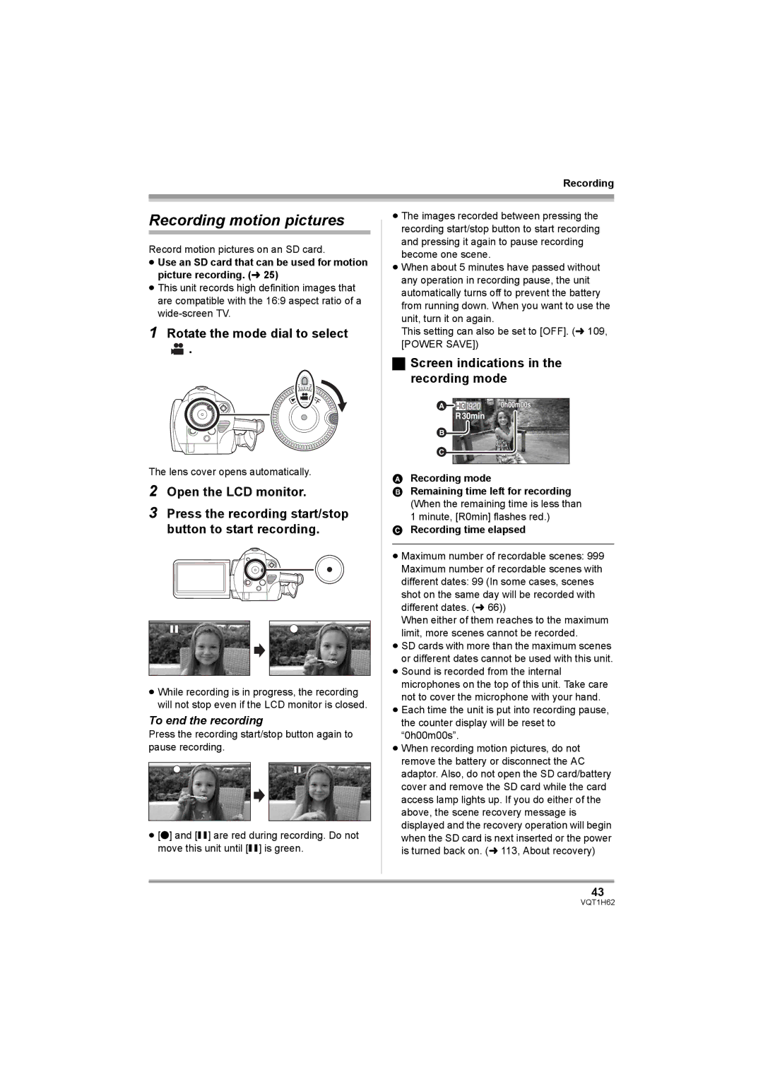 Panasonic HDC-SD5PP Recording motion pictures, Rotate the mode dial to select, Screen indications in the recording mode 