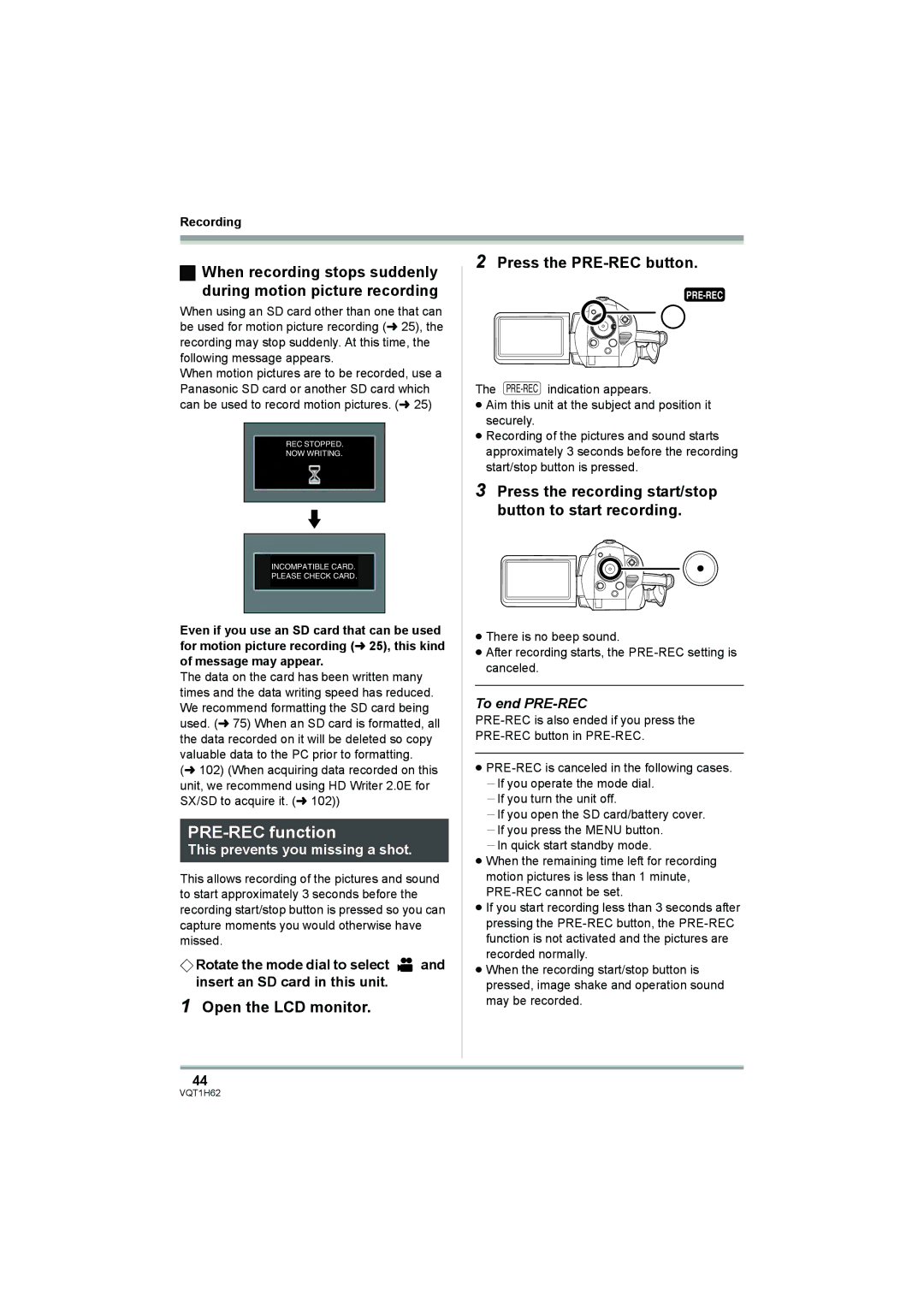 Panasonic HDC-SD5PP operating instructions PRE-REC function, Open the LCD monitor Press the PRE-REC button, To end PRE-REC 