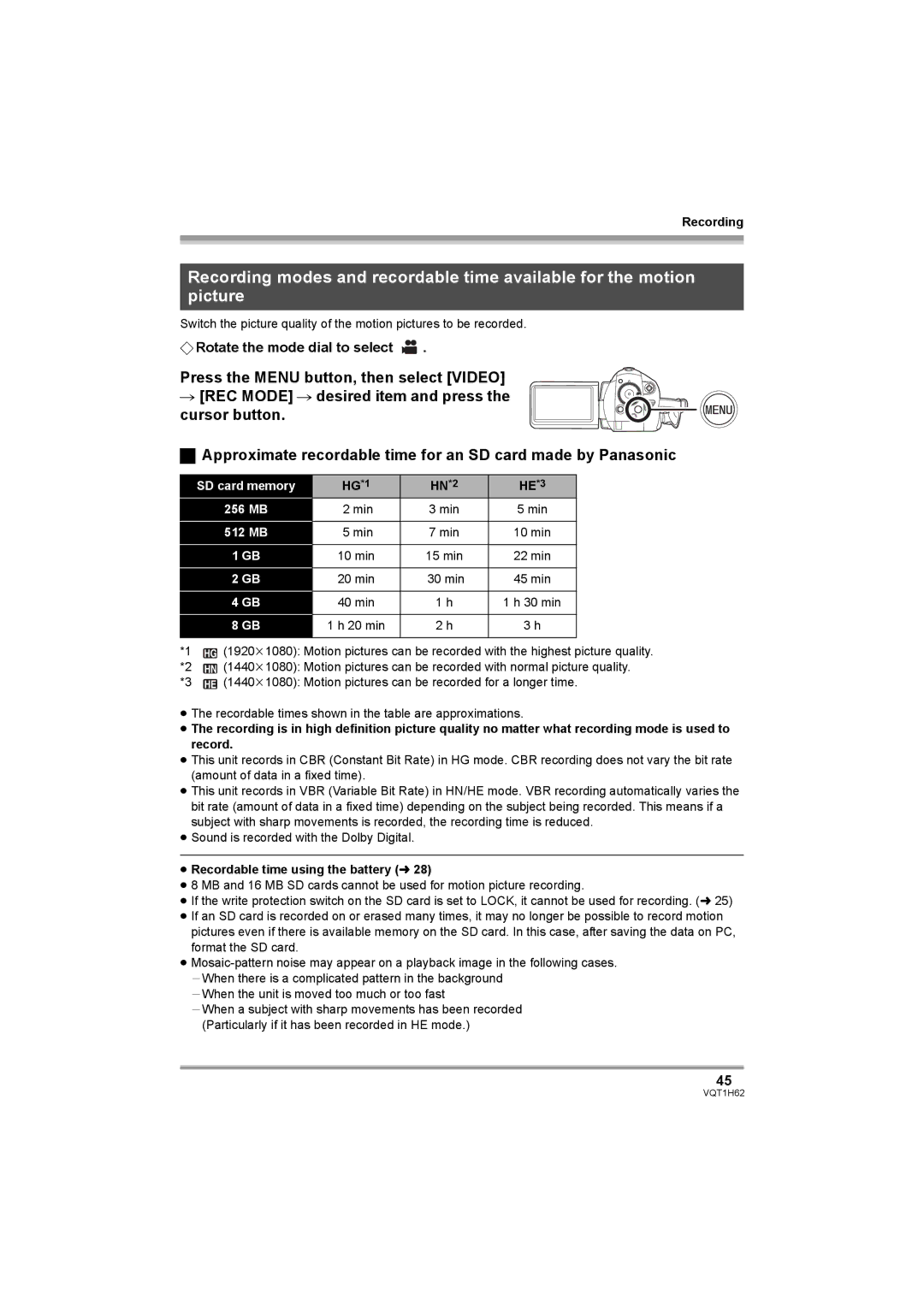 Panasonic HDC-SD5PP operating instructions HG *1 HN *2 HE *3, ≥ Recordable time using the battery l 