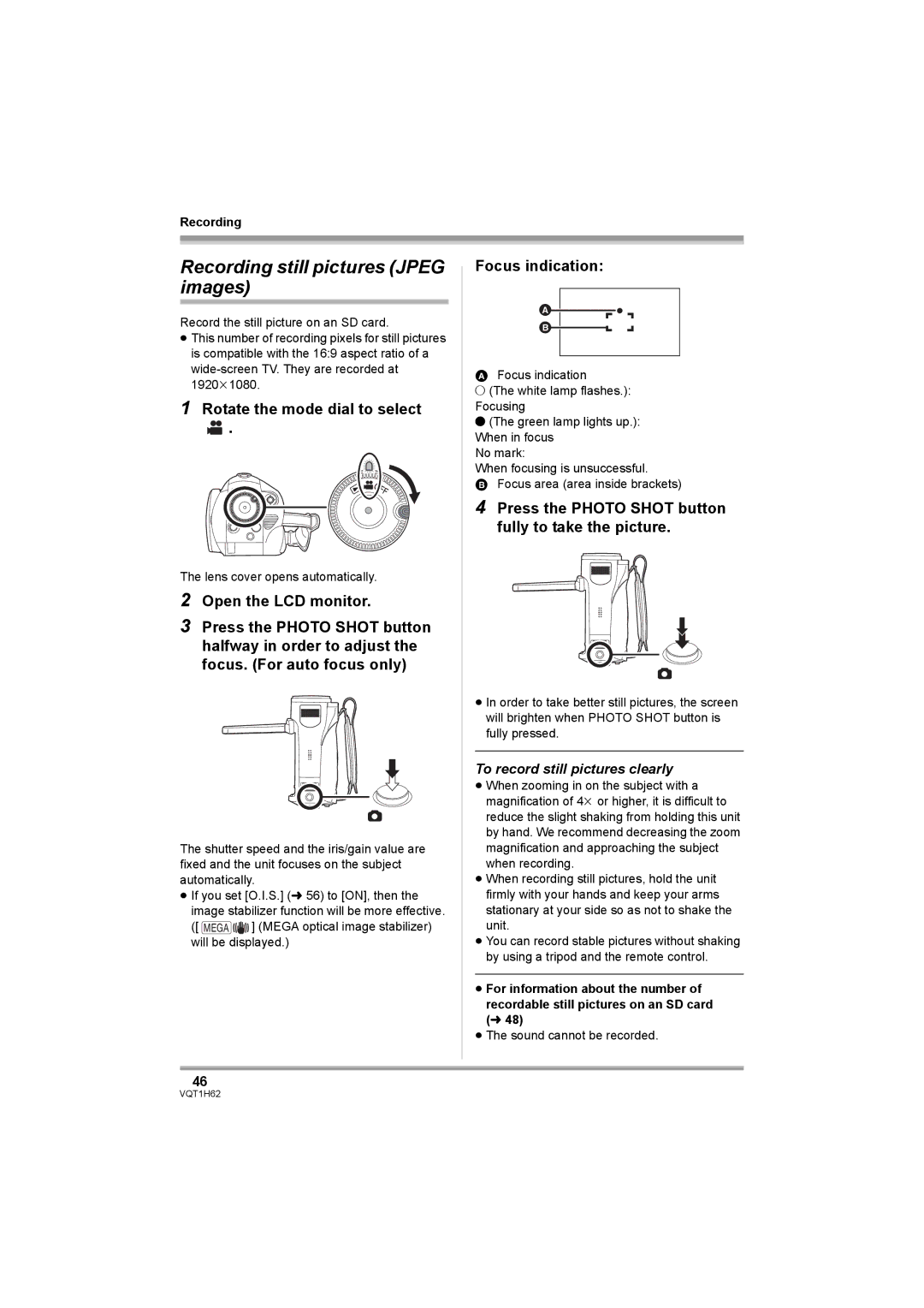 Panasonic HDC-SD5PP Recording still pictures Jpeg images, Focus indication, To record still pictures clearly 