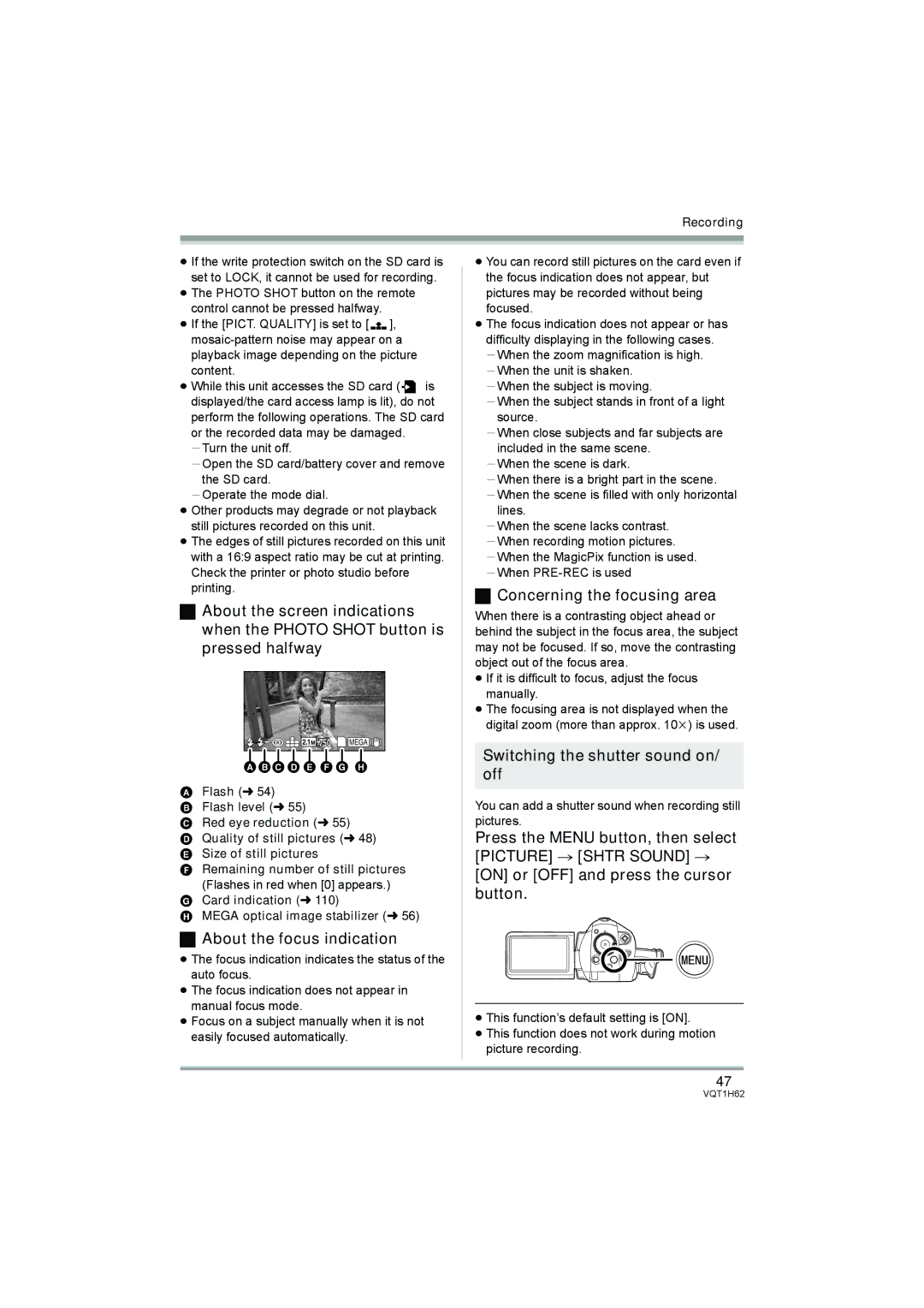 Panasonic HDC-SD5PP About the focus indication, Concerning the focusing area, Switching the shutter sound on/ off 