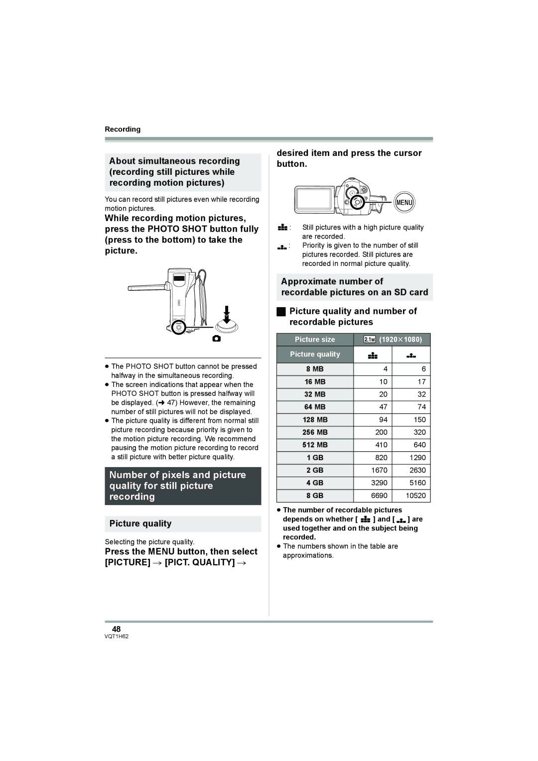 Panasonic HDC-SD5PP operating instructions Picture quality, Picture size 1Ｍ 1920t1080 