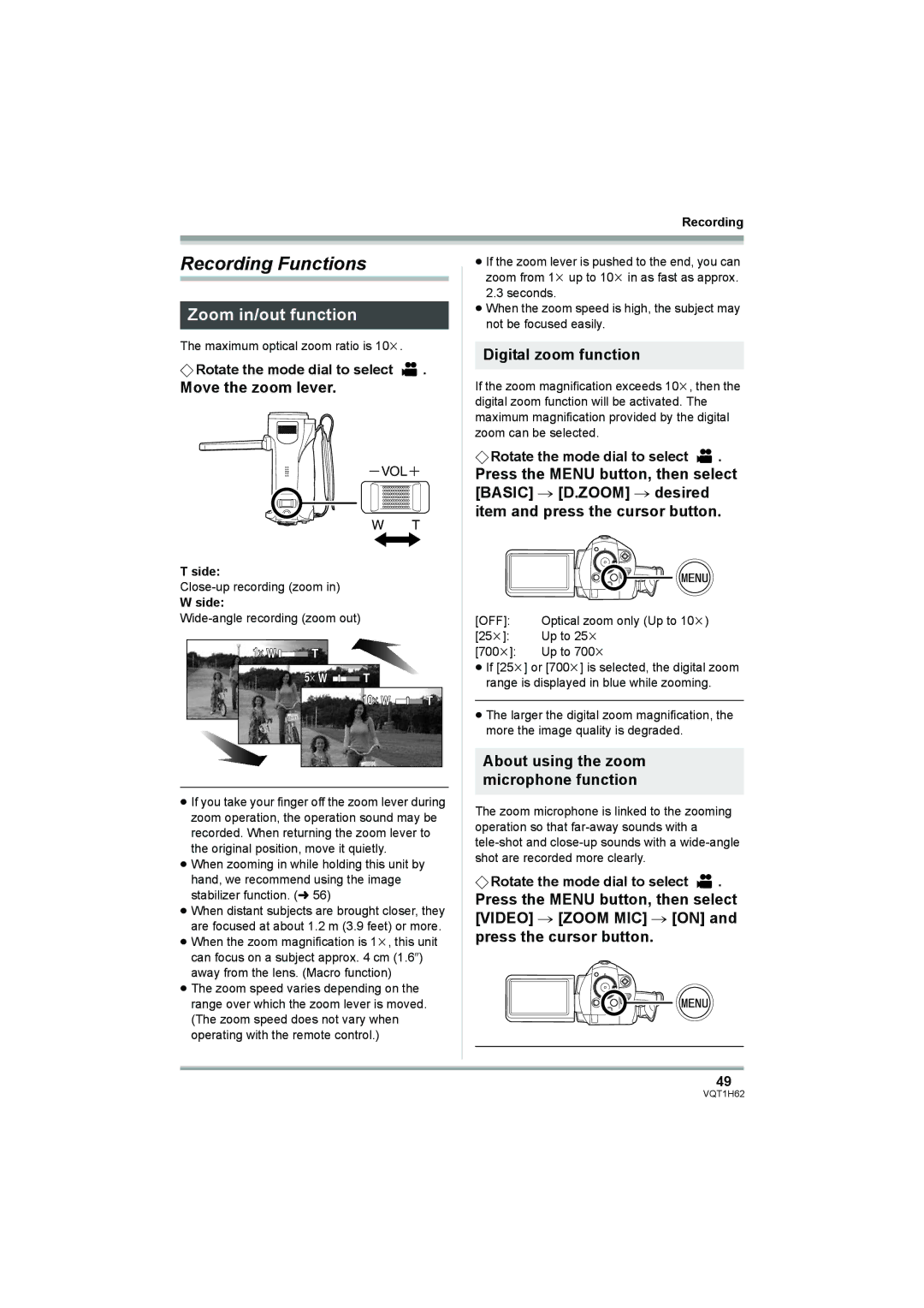 Panasonic HDC-SD5PP Recording Functions, Zoom in/out function, Move the zoom lever, Digital zoom function 