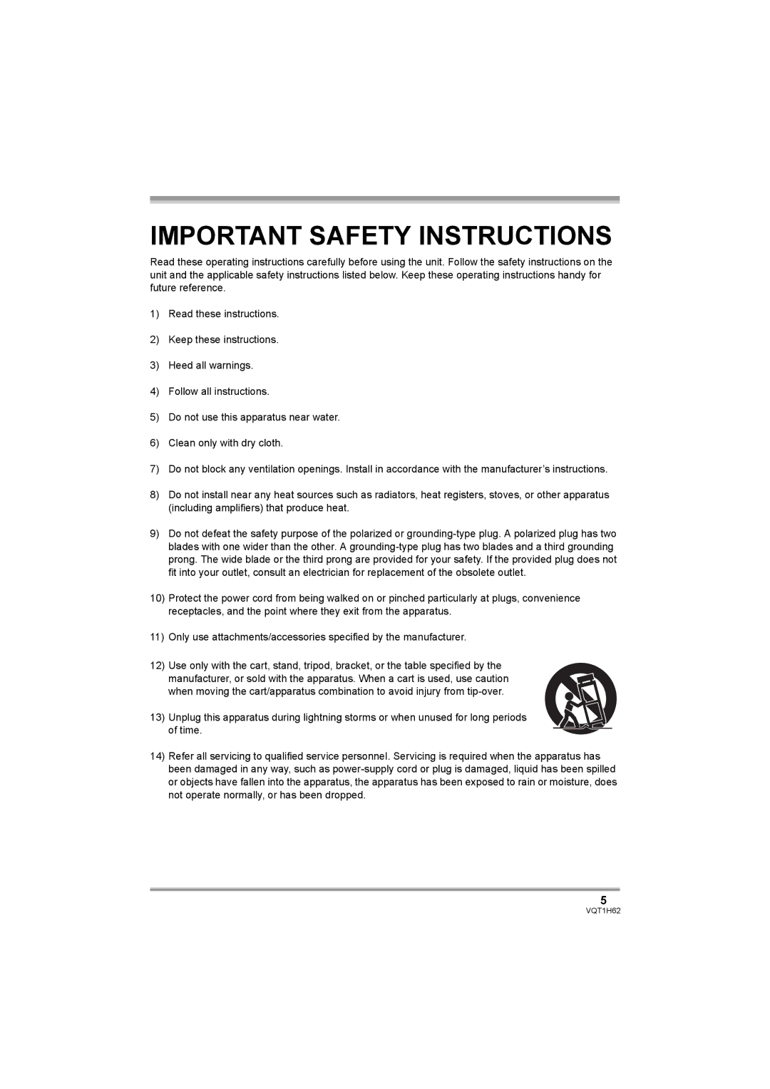 Panasonic HDC-SD5PP operating instructions Important Safety Instructions 