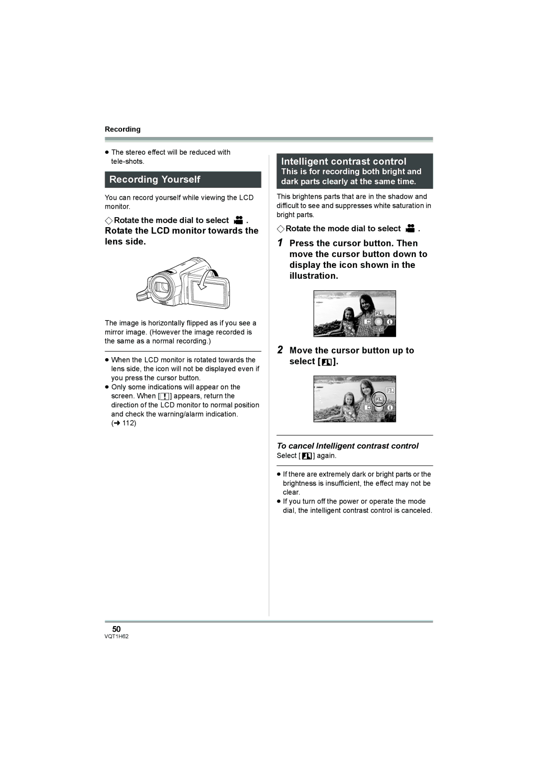 Panasonic HDC-SD5PP Recording Yourself, Intelligent contrast control, Rotate the LCD monitor towards the lens side 