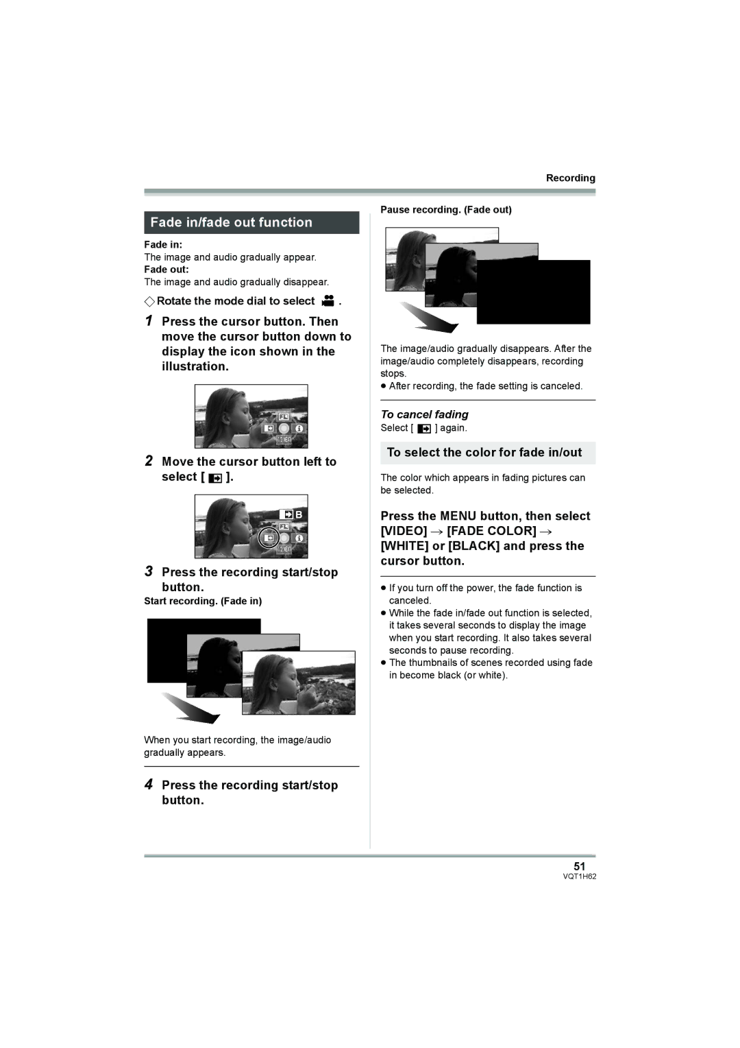 Panasonic HDC-SD5PP Fade in/fade out function, Press the recording start/stop button, To select the color for fade in/out 