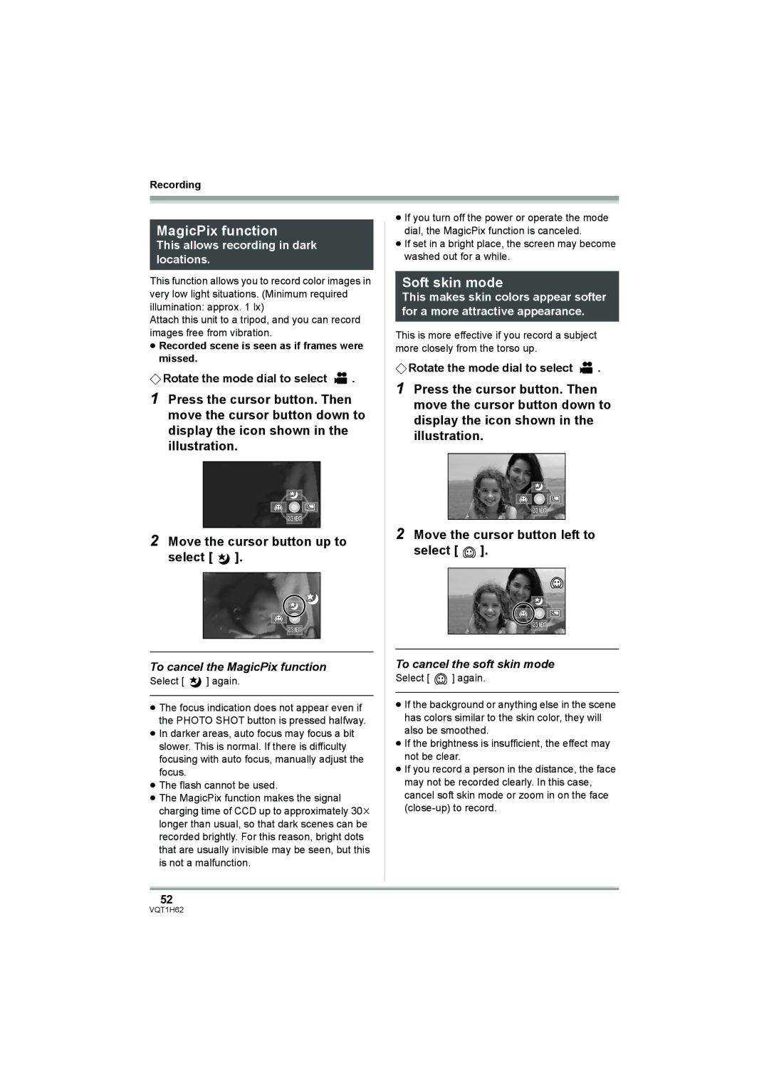 Panasonic HDC-SD5PP Soft skin mode, To cancel the MagicPix function, To cancel the soft skin mode 