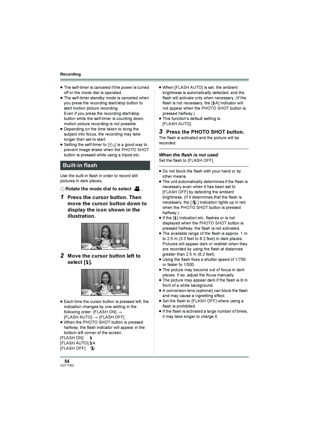 Panasonic HDC-SD5PP operating instructions Built-in flash, When the flash is not used 