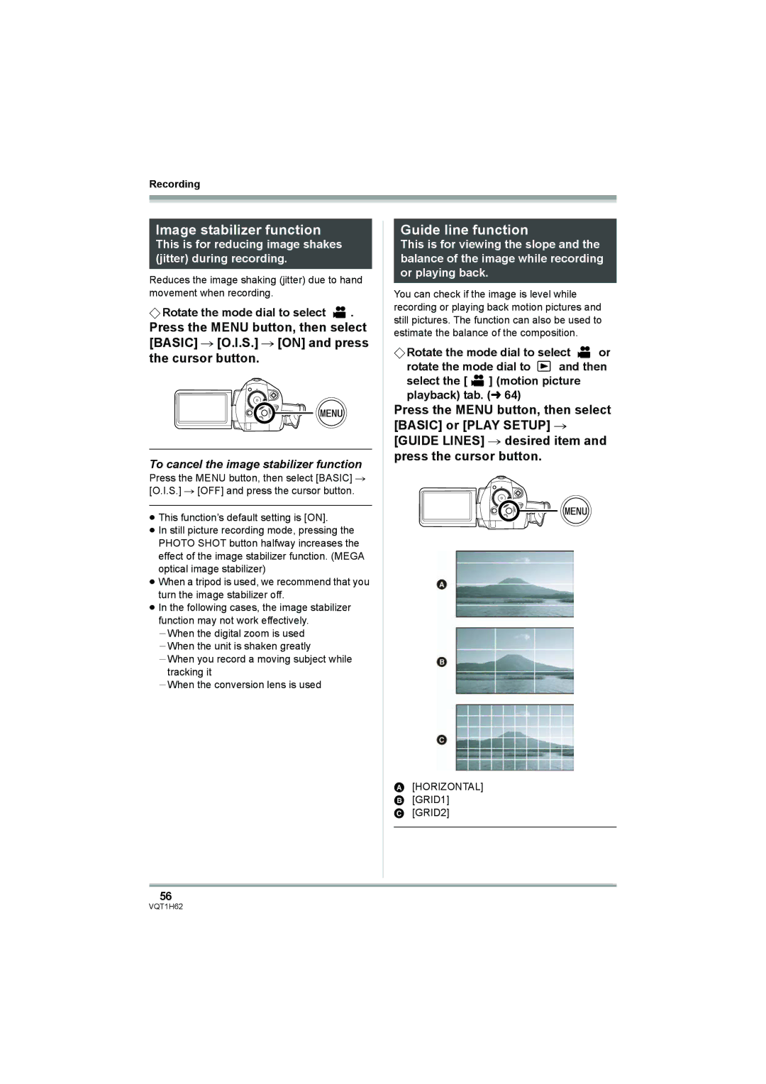 Panasonic HDC-SD5PP Image stabilizer function, Guide line function, To cancel the image stabilizer function 