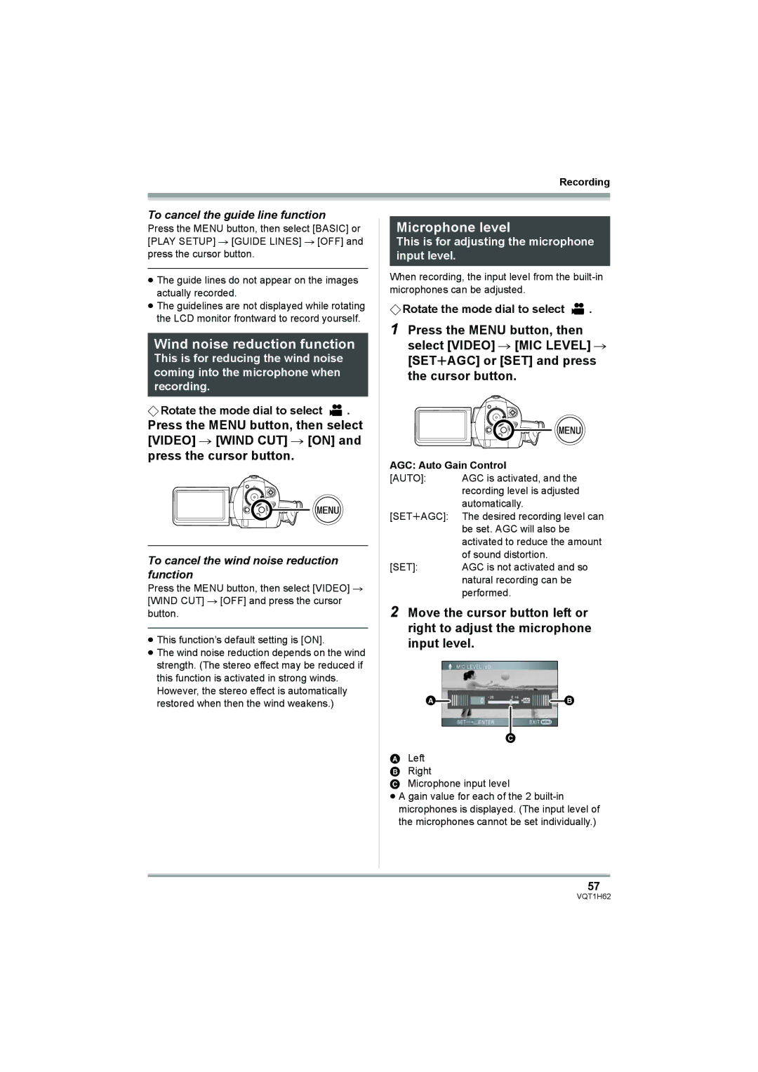 Panasonic HDC-SD5PP Wind noise reduction function, Microphone level, To cancel the guide line function 