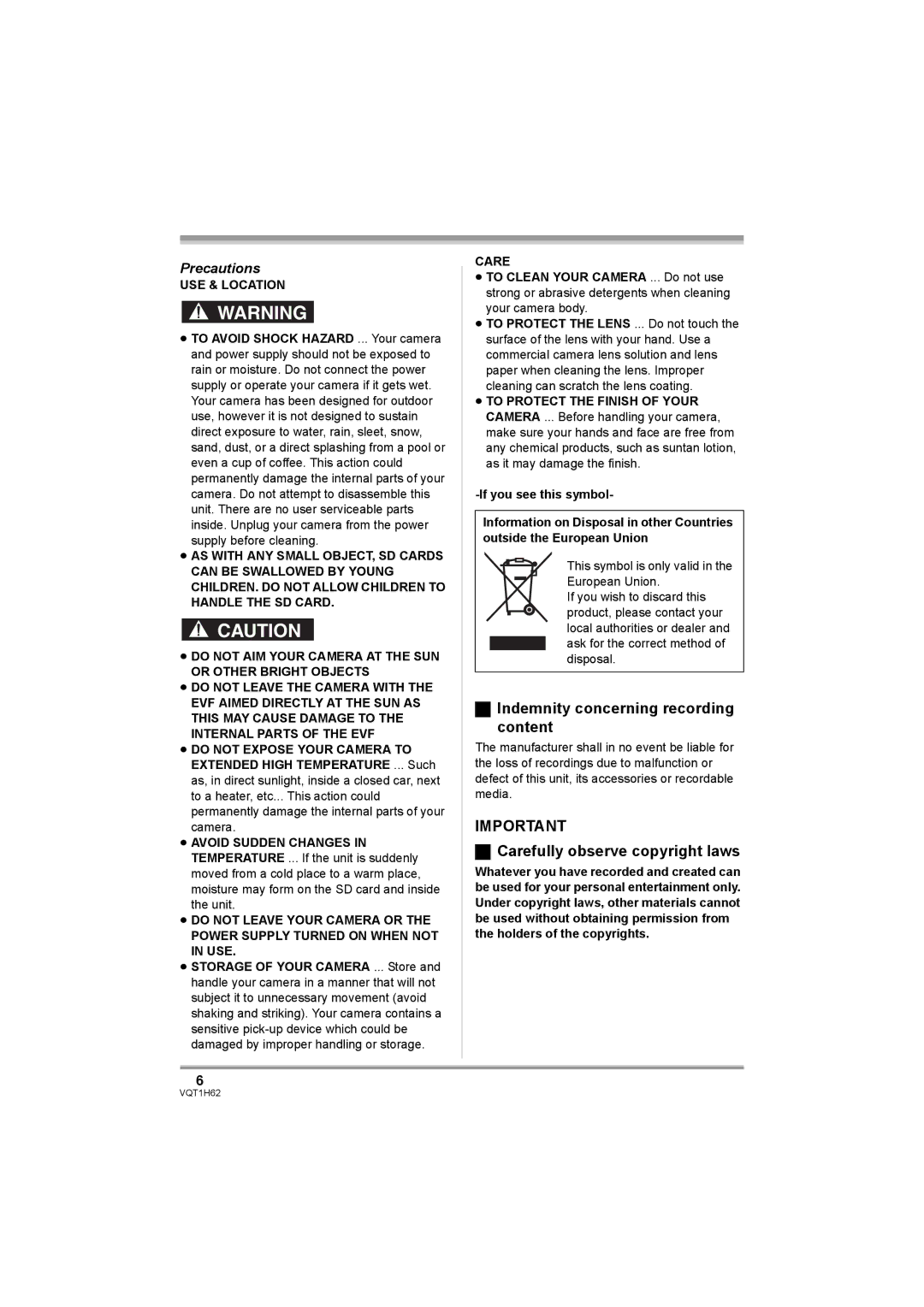 Panasonic HDC-SD5PP Indemnity concerning recording content, Carefully observe copyright laws, Precautions 