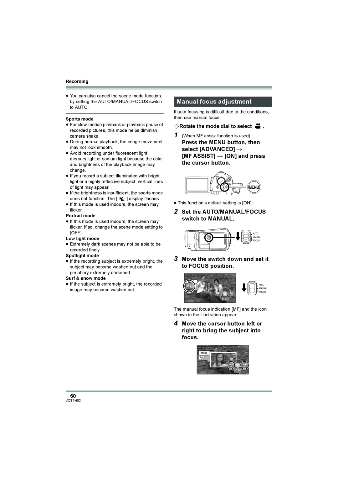 Panasonic HDC-SD5PP operating instructions Manual focus adjustment, Move the switch down and set it to Focus position 