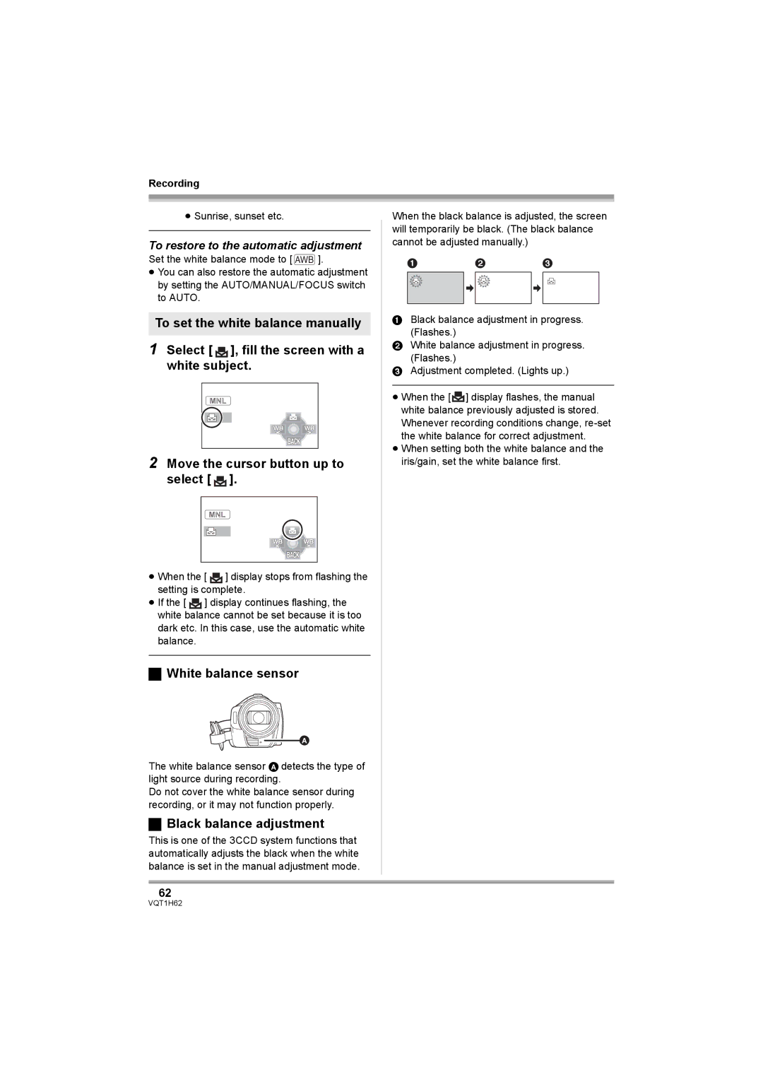 Panasonic HDC-SD5PP operating instructions White balance sensor, Black balance adjustment 