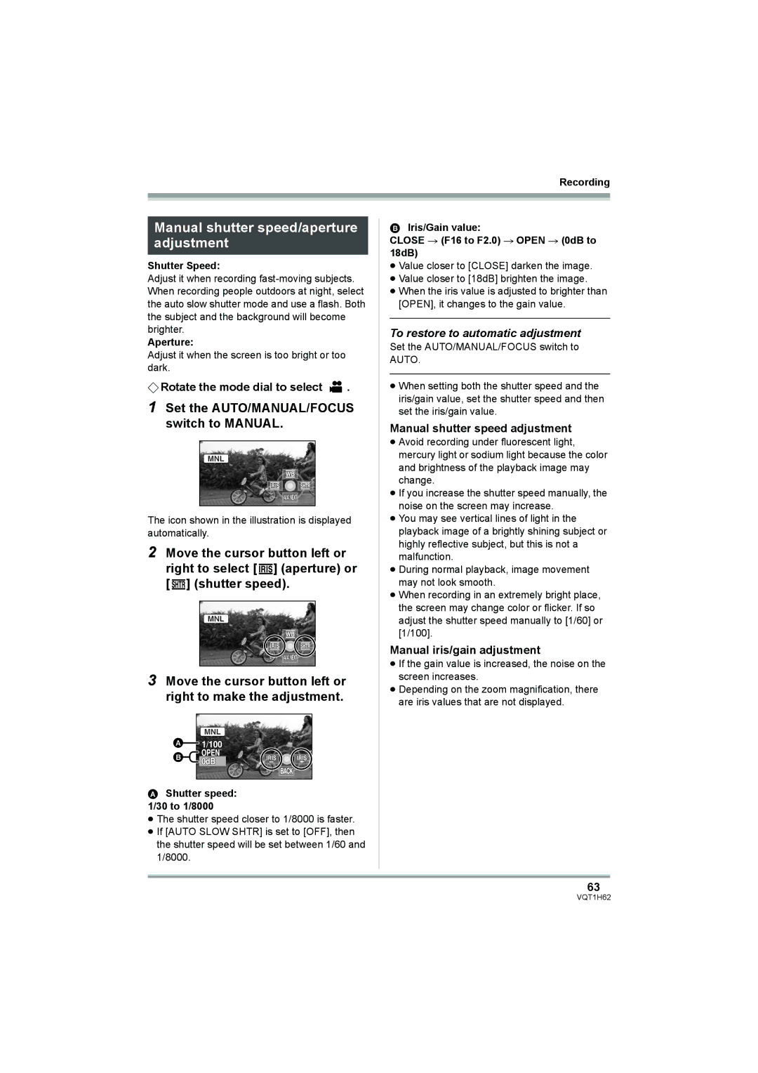 Panasonic HDC-SD5PP operating instructions Manual shutter speed/aperture adjustment, To restore to automatic adjustment 