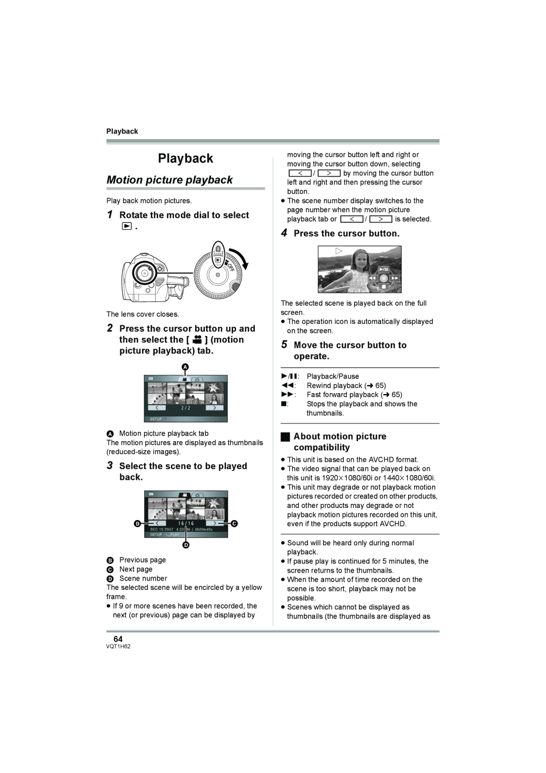 Panasonic HDC-SD5PP Motion picture playback, Select the scene to be played back, Press the cursor button 